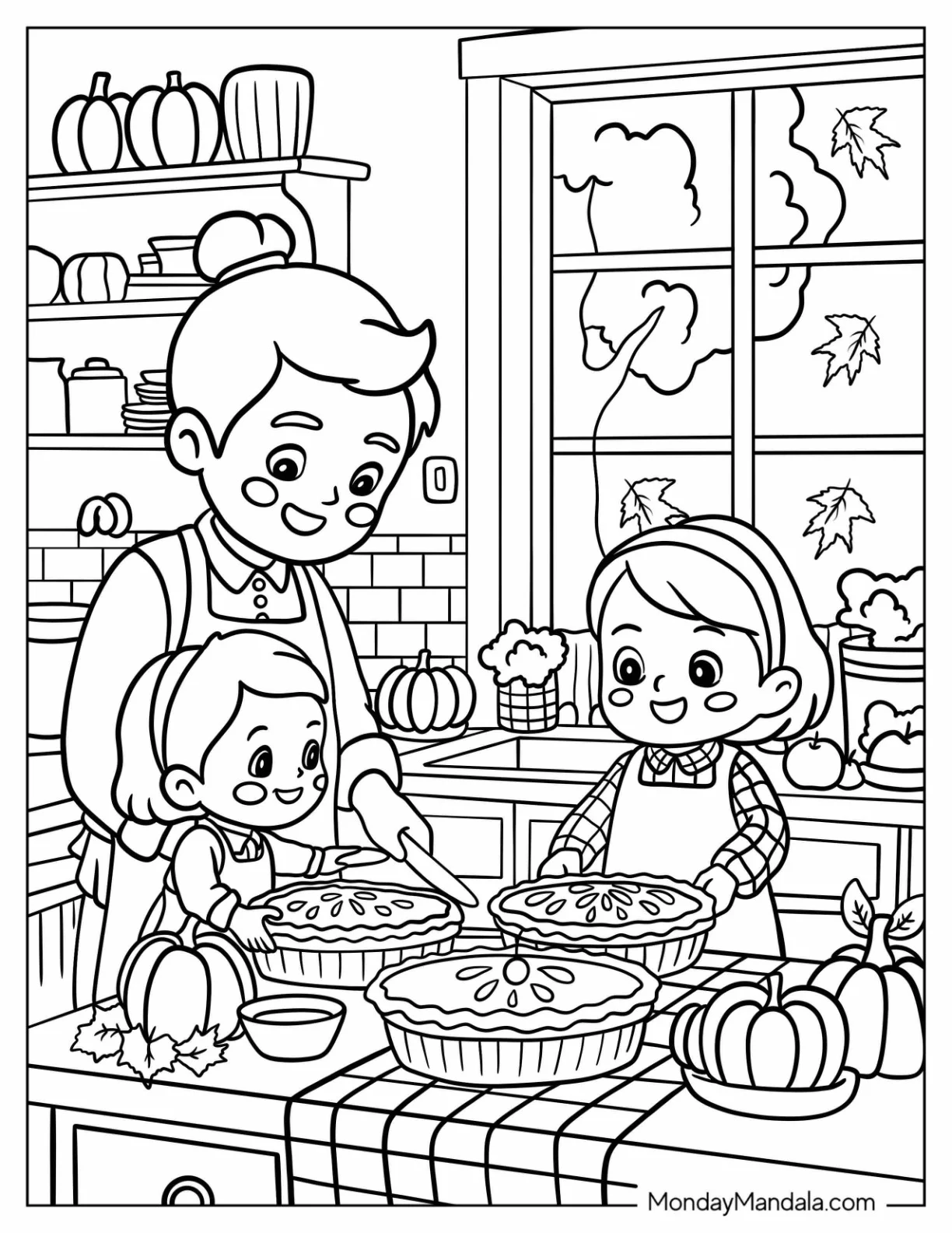 Thanksgiving Coloring Page Cozy Autumn Kitchen with Father and Kids Baking Pies for Kids coloring page — printable line art