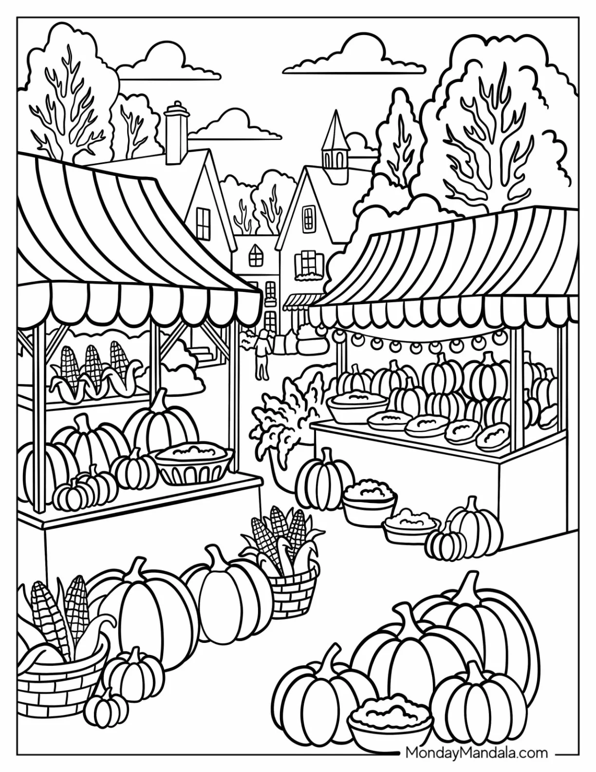 Thanksgiving Coloring Page Farmers Market with Pumpkins and Fall Produce coloring page