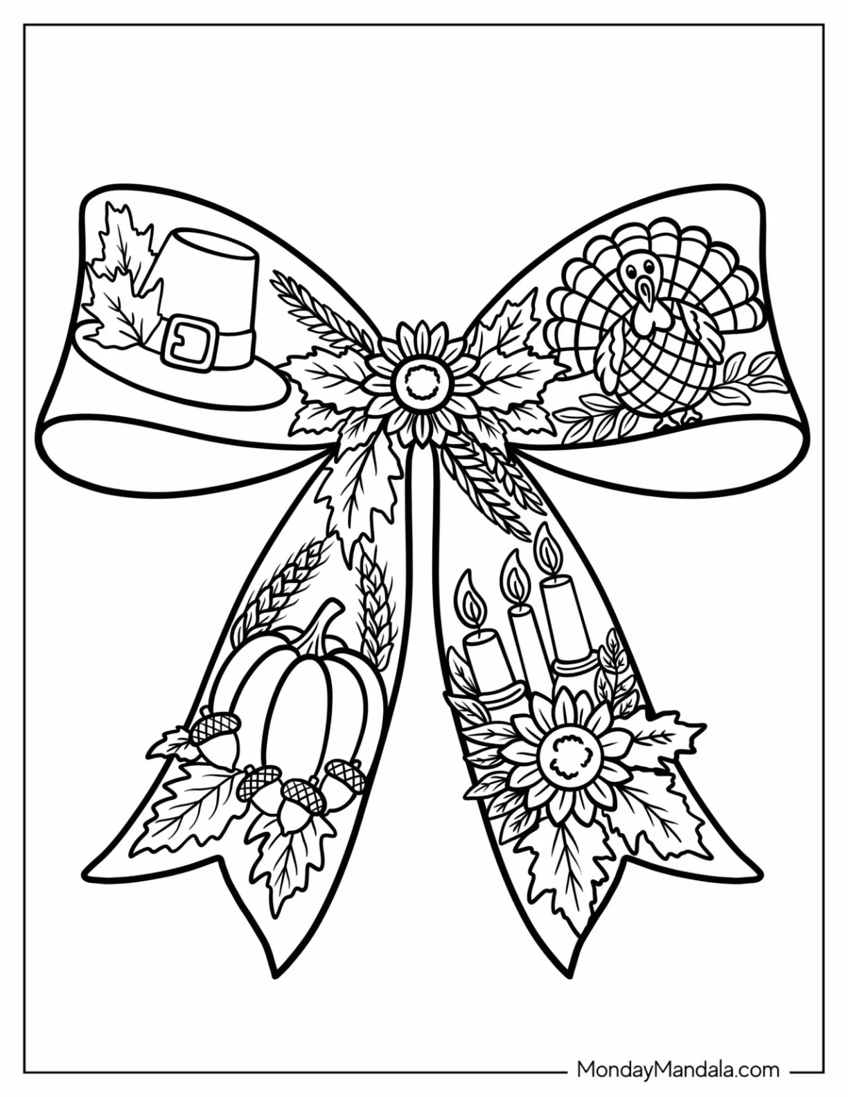 Thanksgiving Coloring Page of Bow with Pilgrim s Hat, Turkey, Acorns, Pumpkins, and Candles coloring page