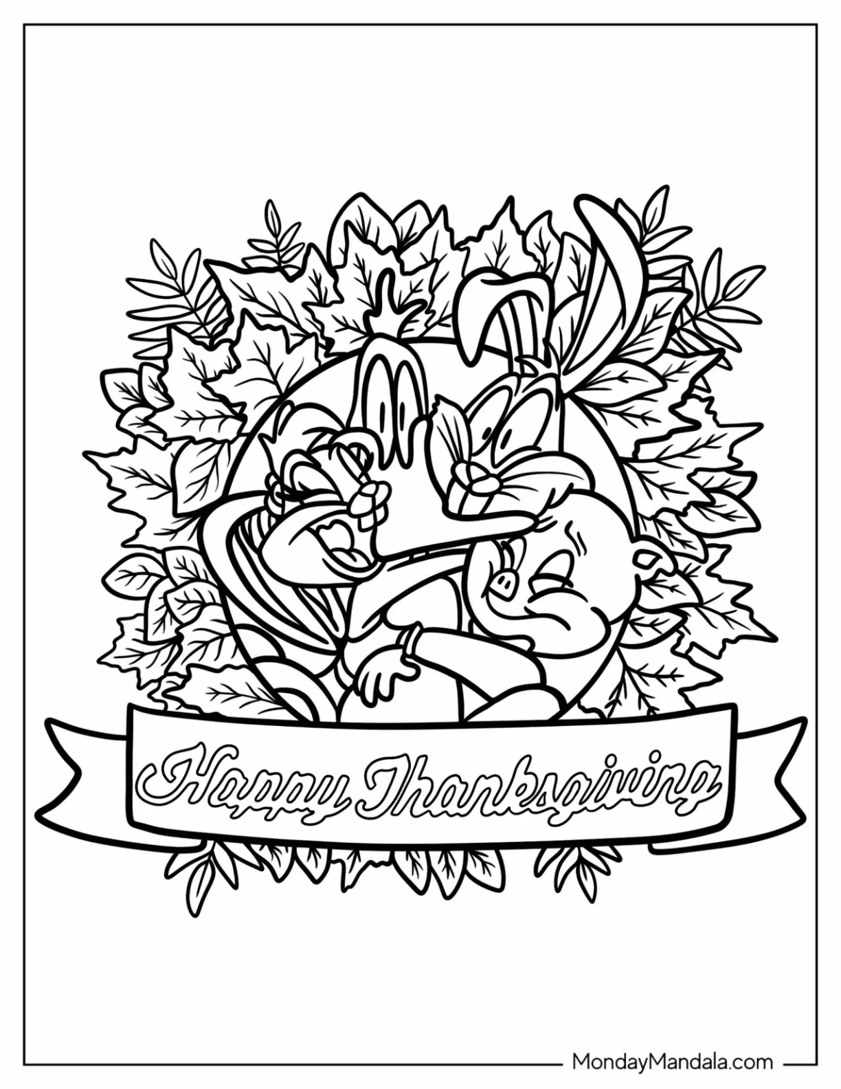 Thanksgiving Coloring Page Of Bugs Bunny, Lola, Porky Pig, And Daffy Duck Hugging coloring page