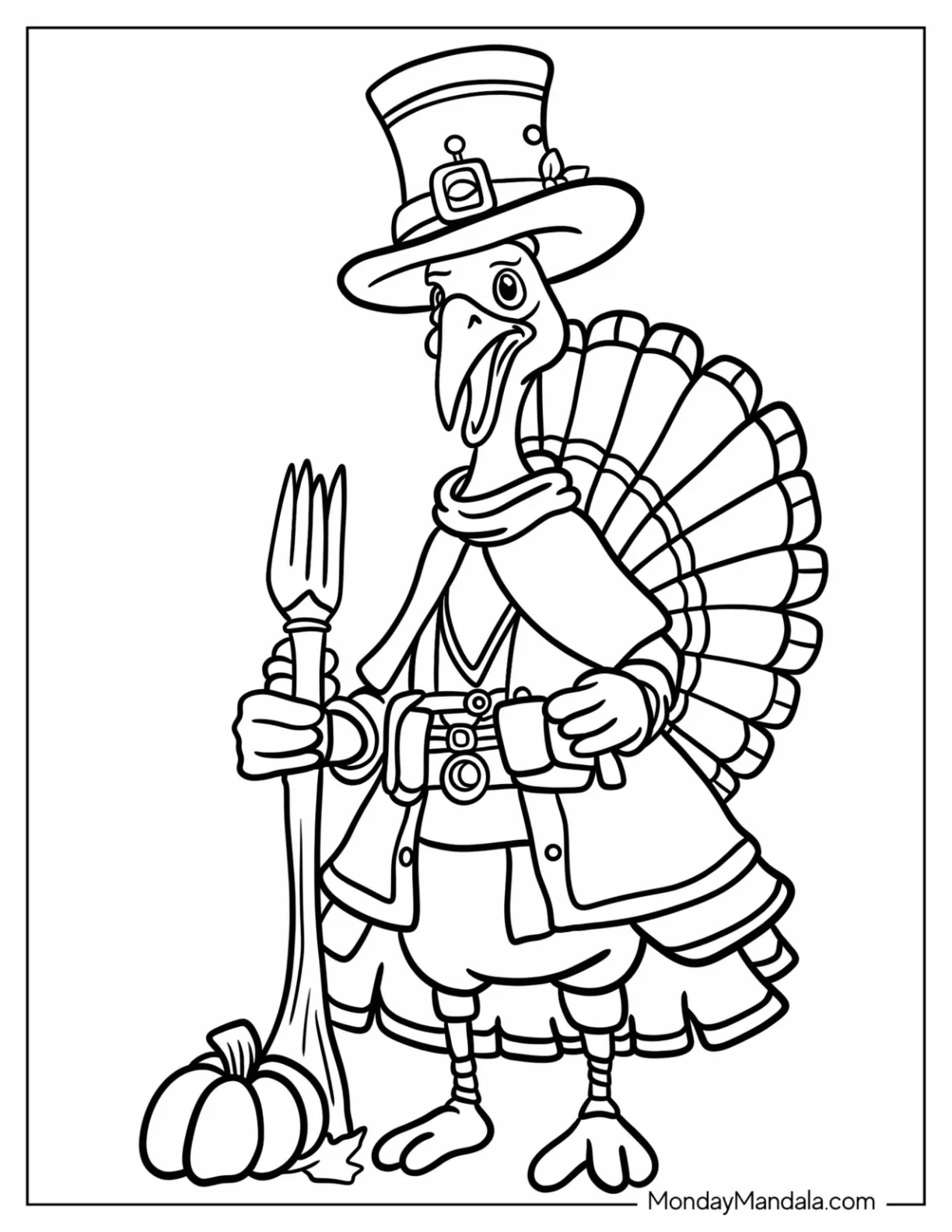 Thanksgiving Coloring Page Of Cartoon Turkey Dressed As A Pilgrim For Kids coloring page — printable line art