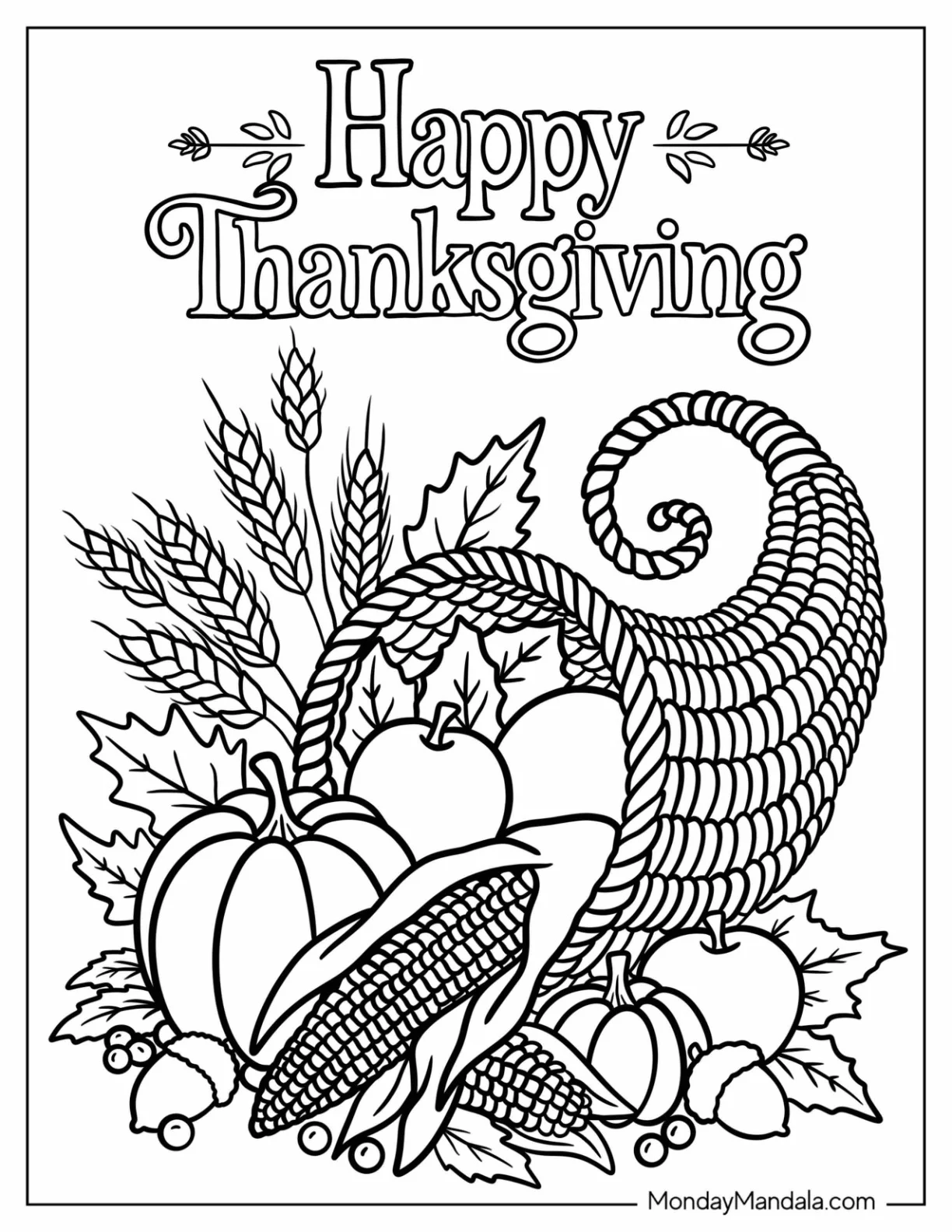 Thanksgiving Coloring Page of Cornucopia with Fall Harvest coloring page — printable line art