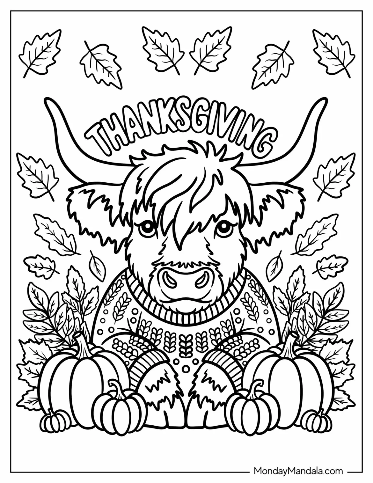 Thanksgiving Coloring Page of Cow in Sweater with Pumpkins and Leaves coloring page