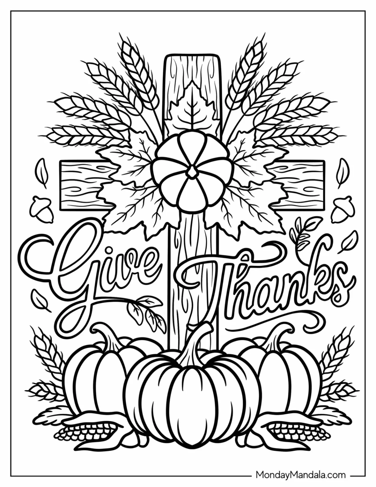 Thanksgiving Coloring Page of Give Thanks Script with Cross, Wheat, and Pumpkins coloring page — printable line art