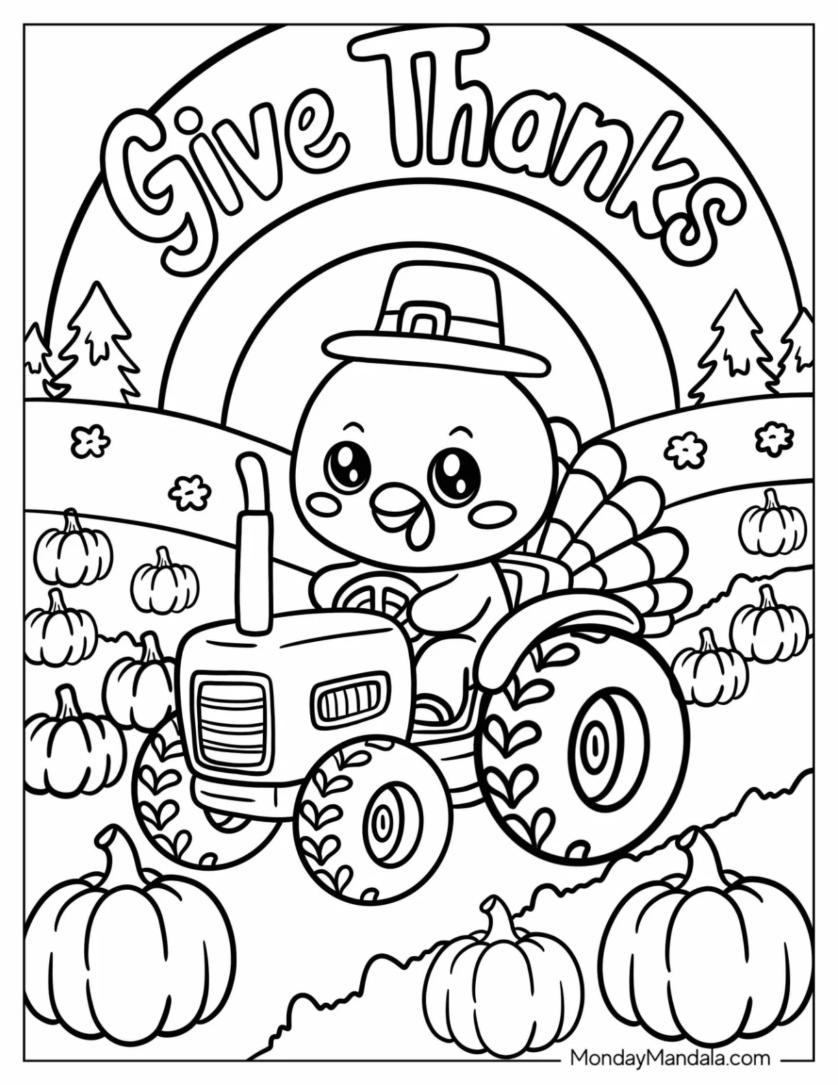 Thanksgiving Coloring Page of Give Thanks Text with a Turkey on a Tractor for Kids coloring page — printable line art