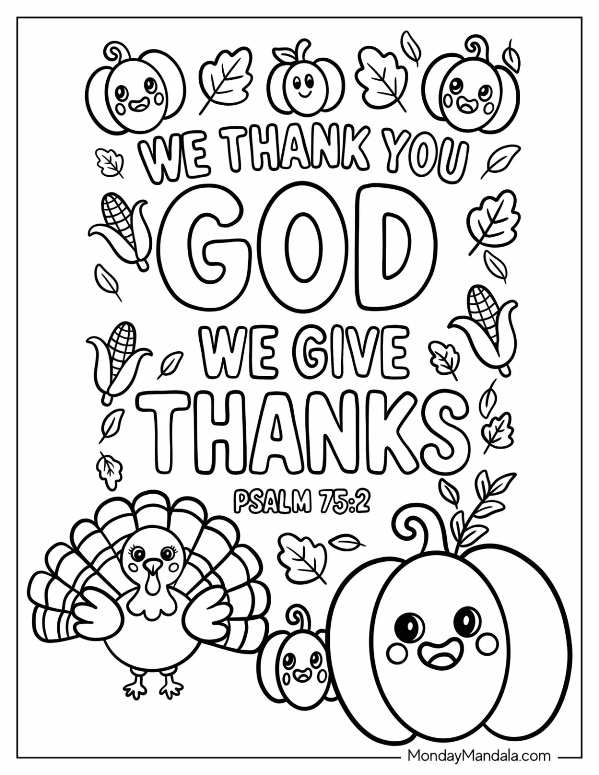 Thanksgiving Coloring Page of Kawaii Psalm 75 2 Bible Verse with Turkey, Corns, and Pumpkin coloring page