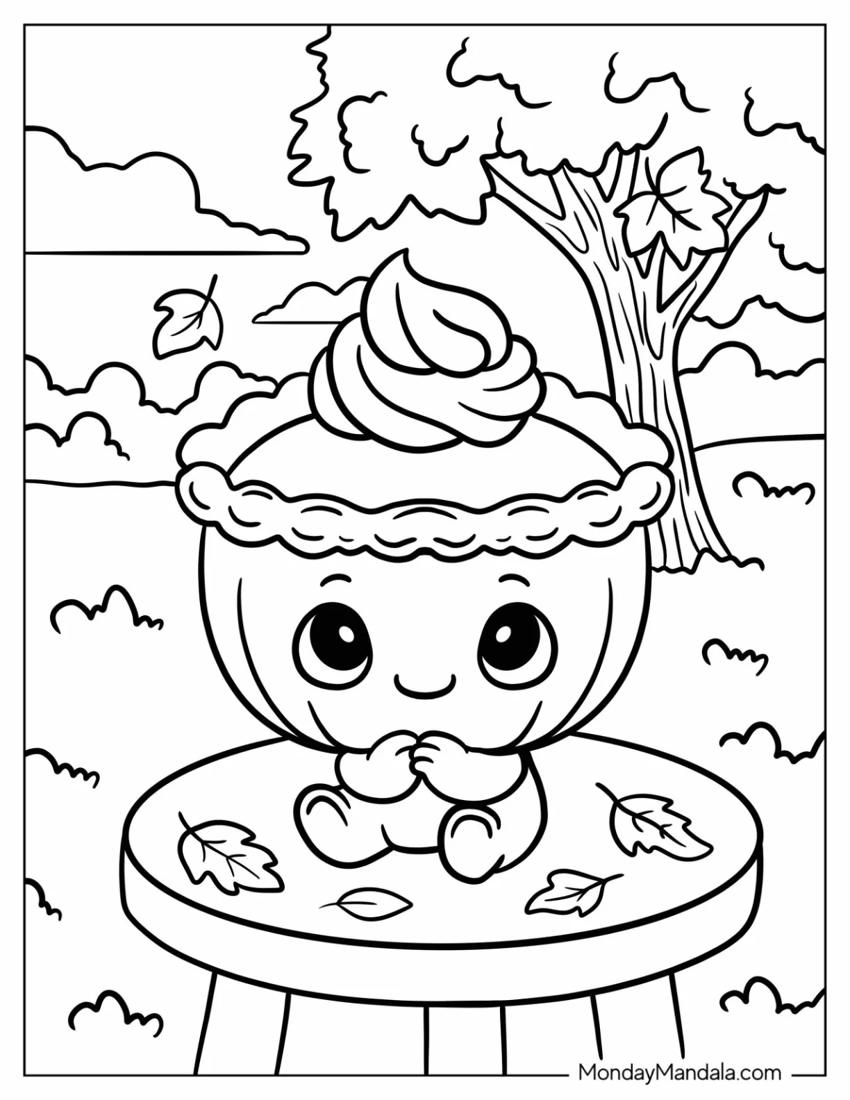 Thanksgiving Coloring Page of Kawaii Pumpkin Pie Sitting on Autumn Table for Preschoolers coloring page