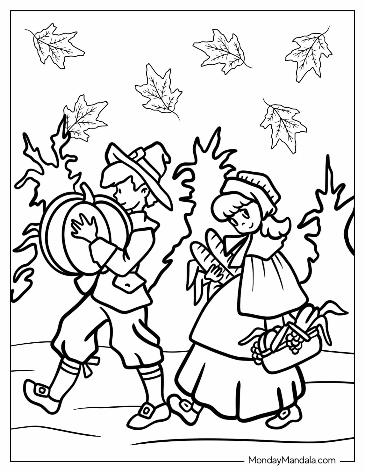 Thanksgiving Coloring Page Of Male And Female Pilgrim Carrying Harvest coloring page