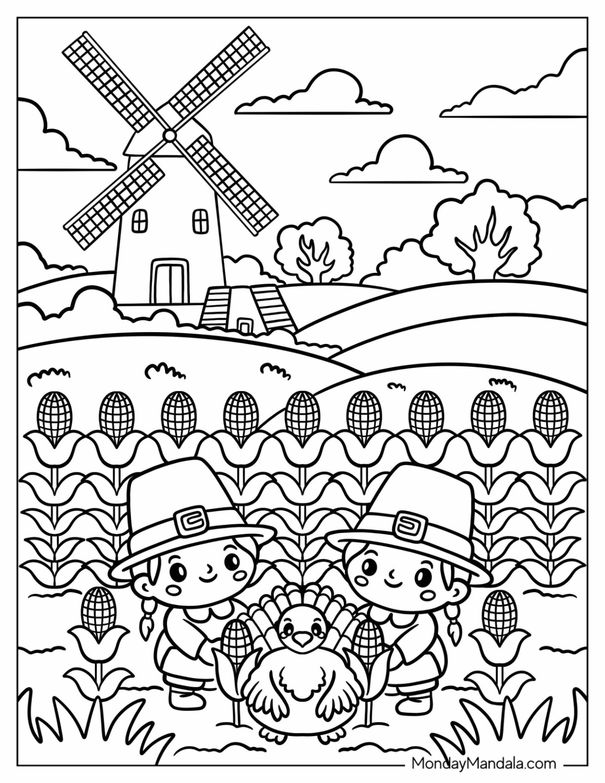Thanksgiving Coloring Page of Pilgrim Kids Holding Turkey in a Cornfield by the Windmill for Kids coloring page