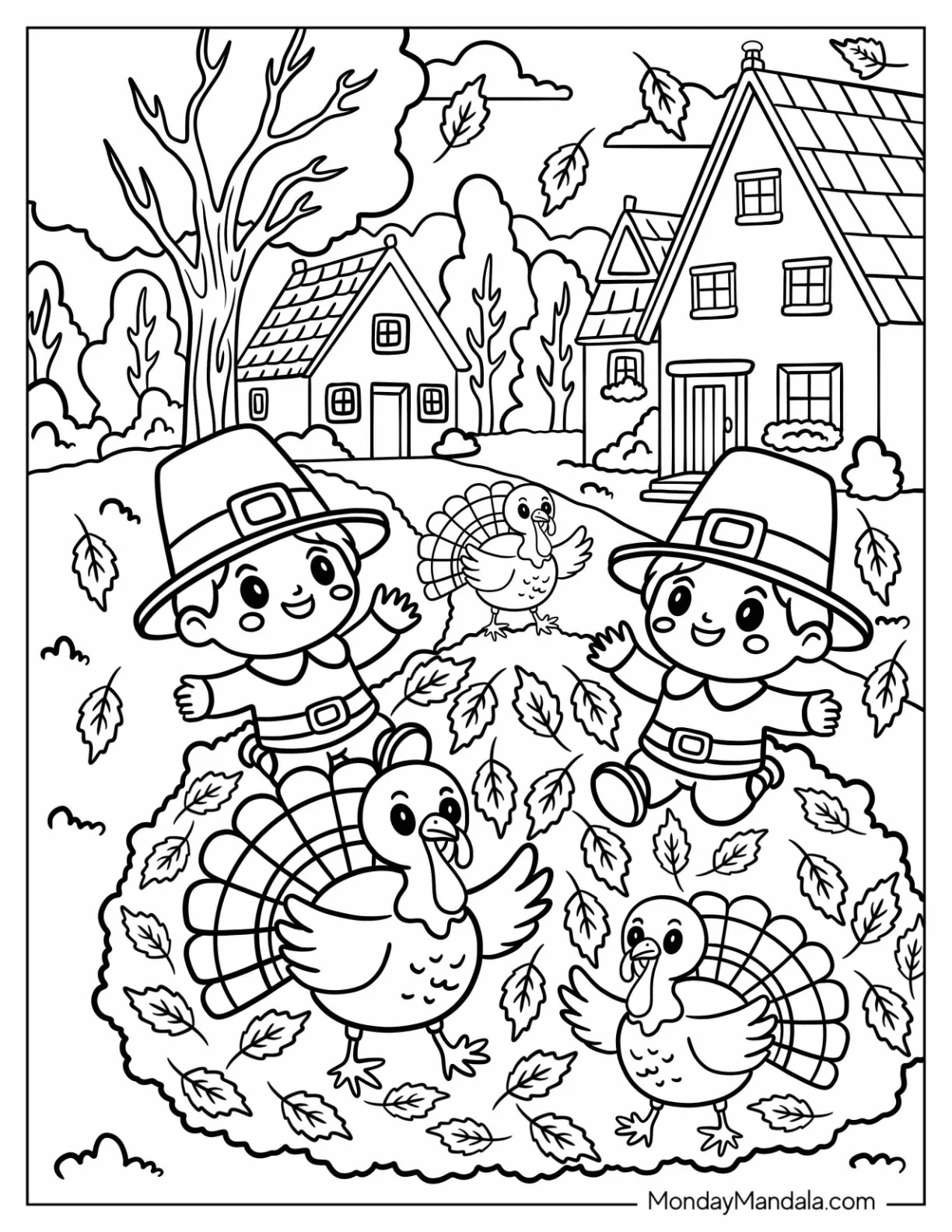 Thanksgiving Coloring Page of Pilgrim Kids Playing in Autumn Leaves with Turkeys coloring page — printable line art
