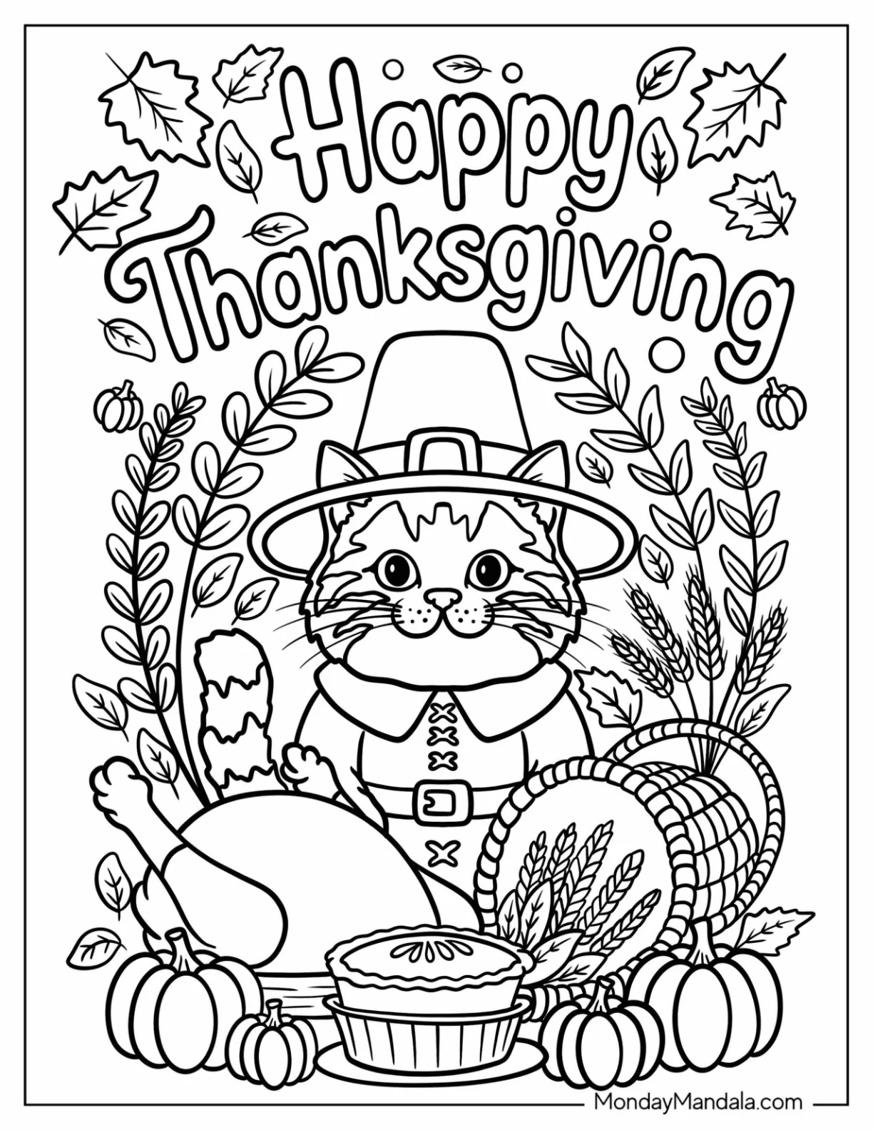 Thanksgiving Coloring Page of Pilgrim Tabby Cat with Roasted Turkey and Cornucopia for Kids coloring page — printable line art
