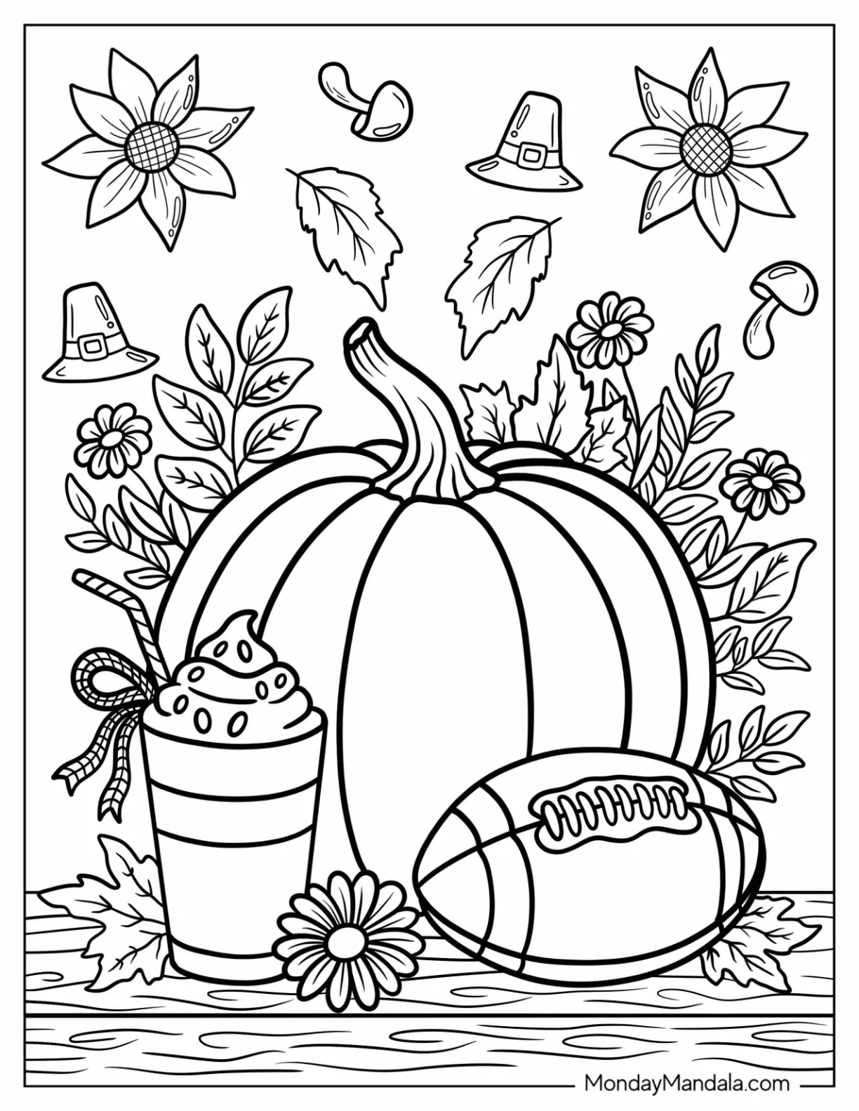 Thanksgiving Coloring Page of Pumpkin, Latte, and Football for Kids coloring page — printable line art