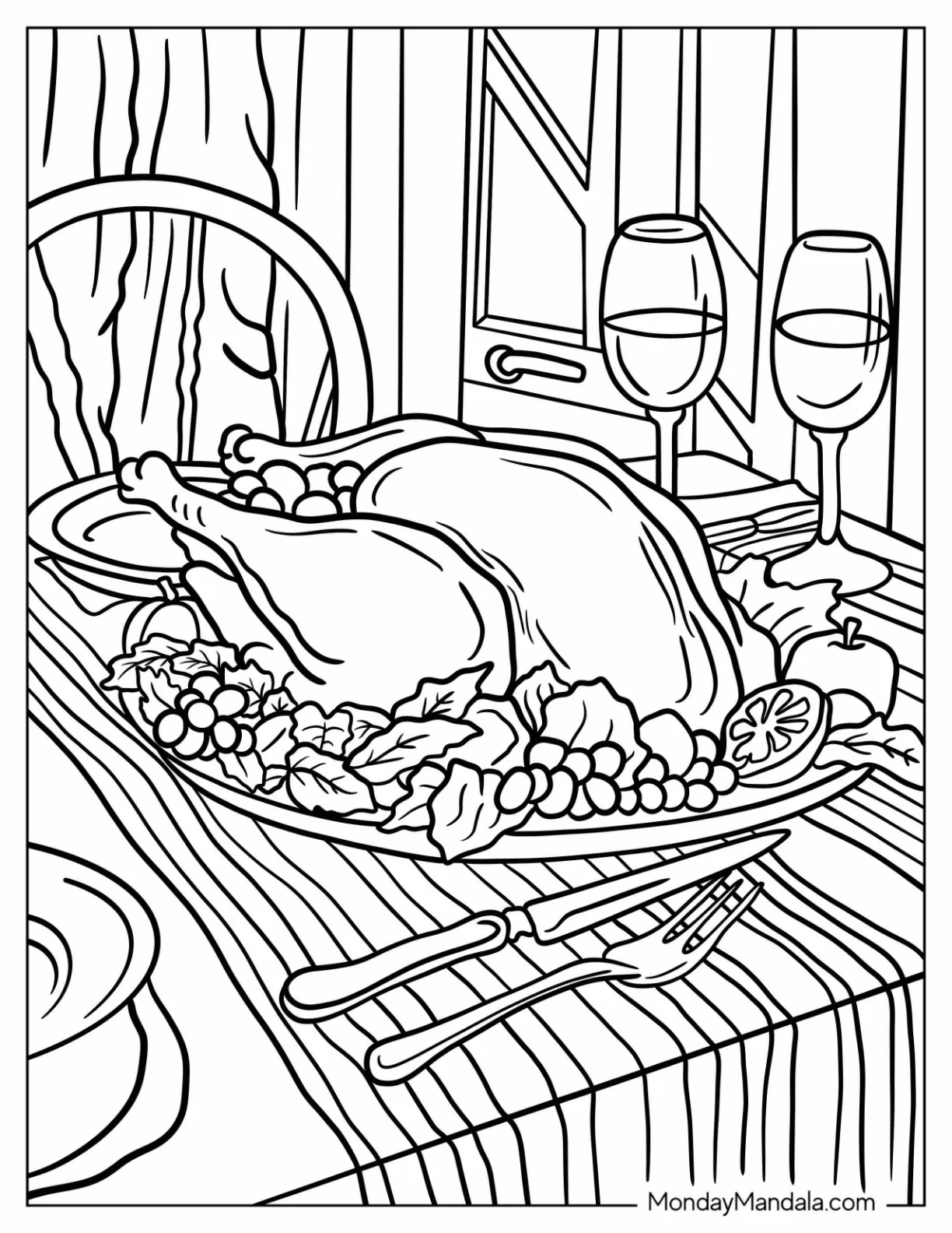 Thanksgiving Coloring Page Of Realistic Turkey With Wine Glasses coloring page — printable line art