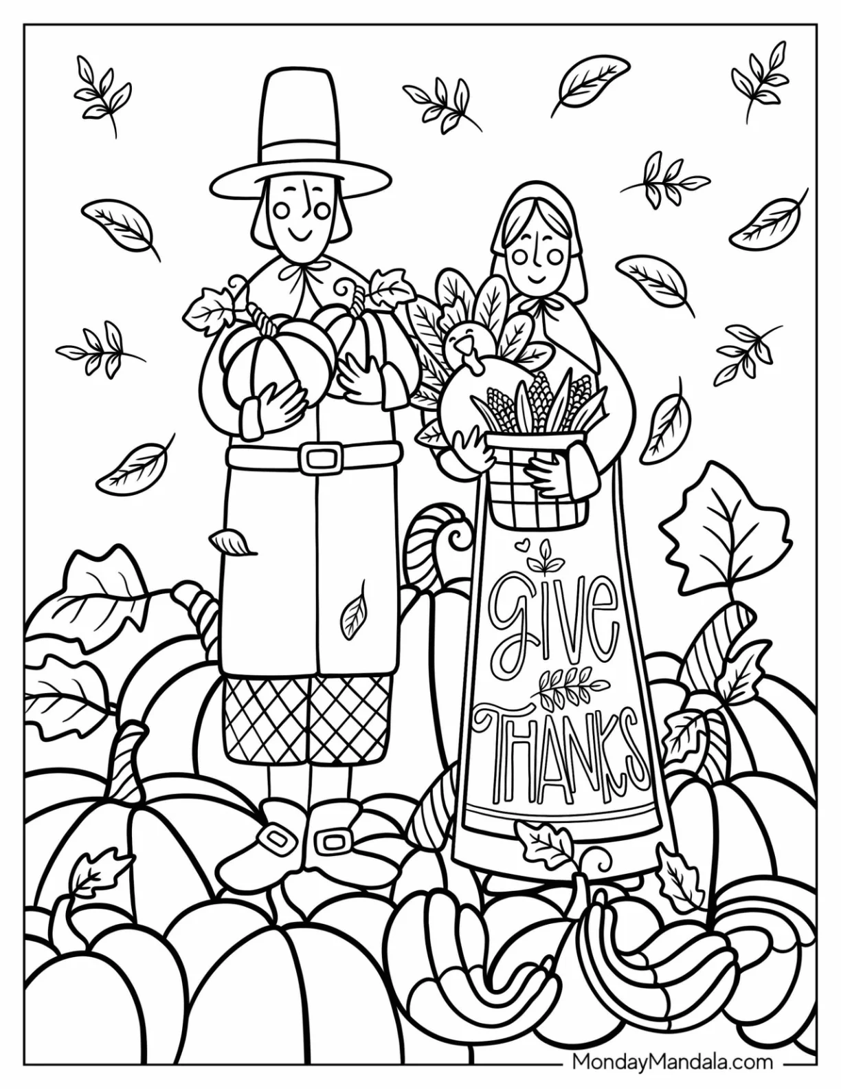 Thanksgiving Coloring Page Of Smiling Pilgrims Surrounded By Pumpkins coloring page — printable line art