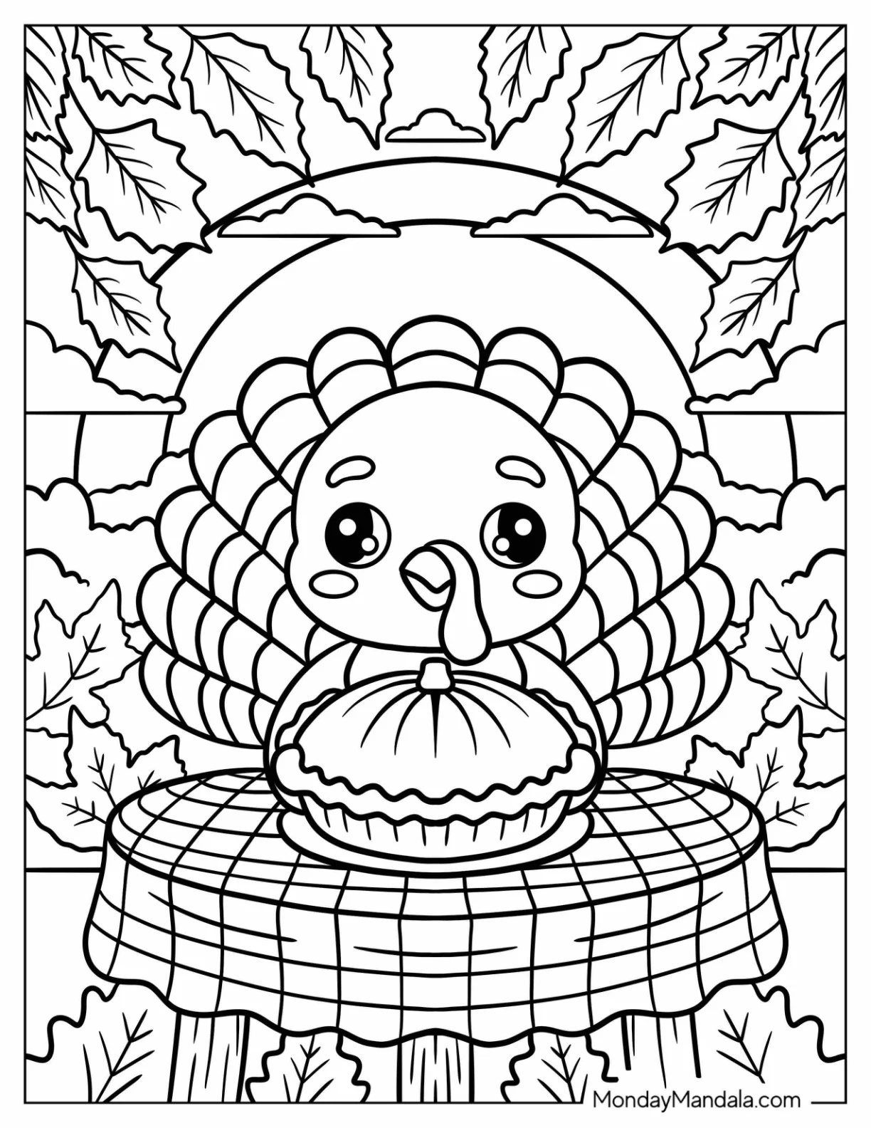 Thanksgiving Coloring Page of Smiling Turkey with Pie on Plaid Tablecloth coloring page