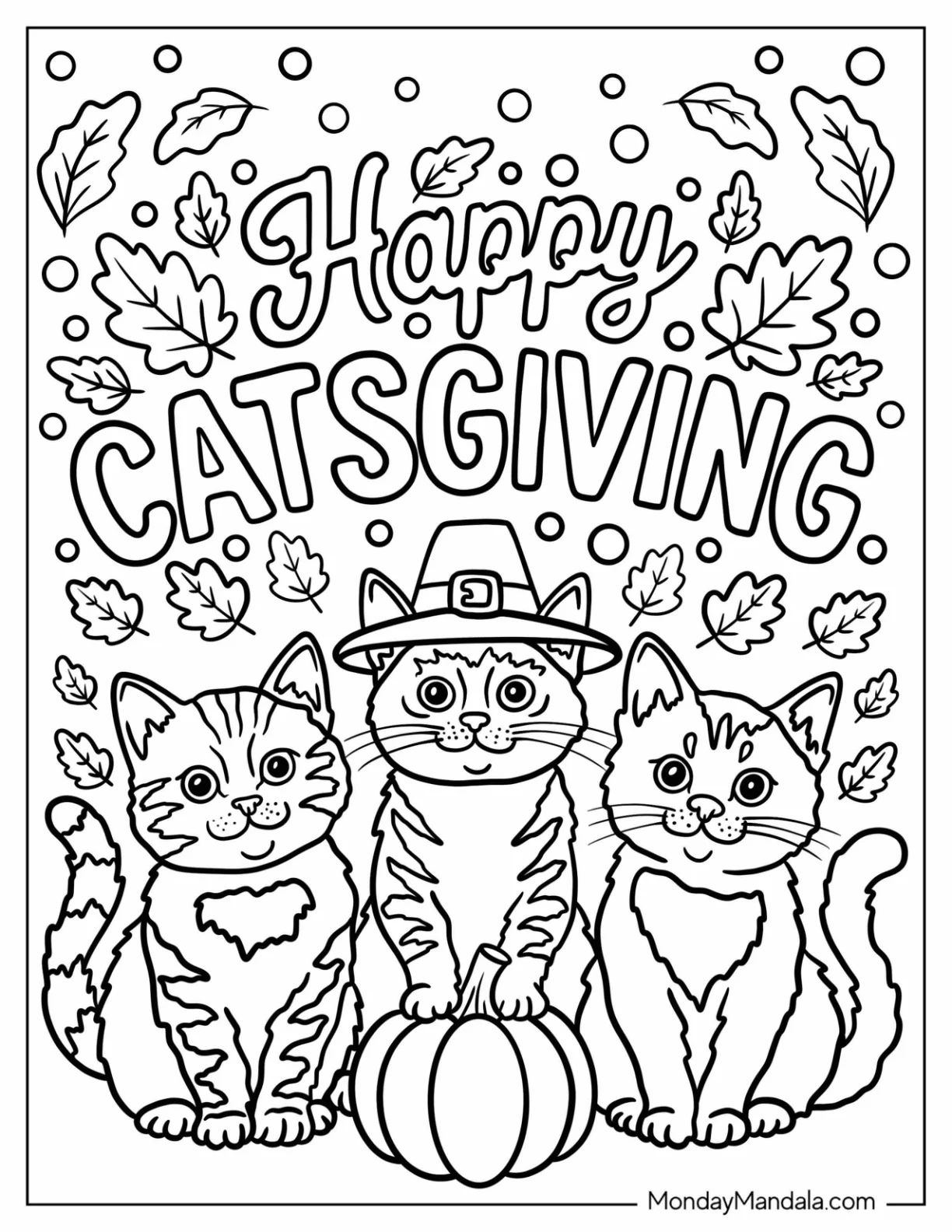 Thanksgiving Coloring Page of Three Tabby Cats with Pumpkin, Fall Leaves, and Happy Catsgiving Text coloring page — printable line art