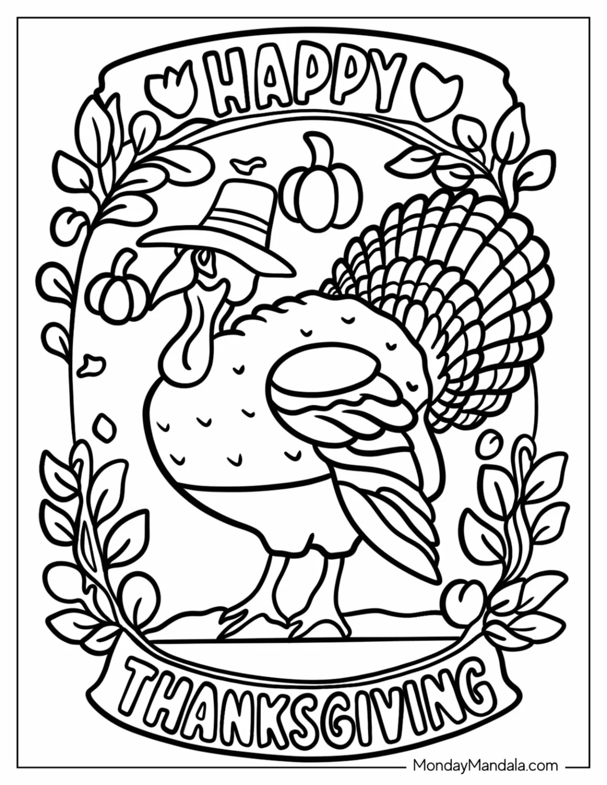 Thanksgiving Coloring Page Of Turkey Wearing A Pilgrim's Hat coloring page