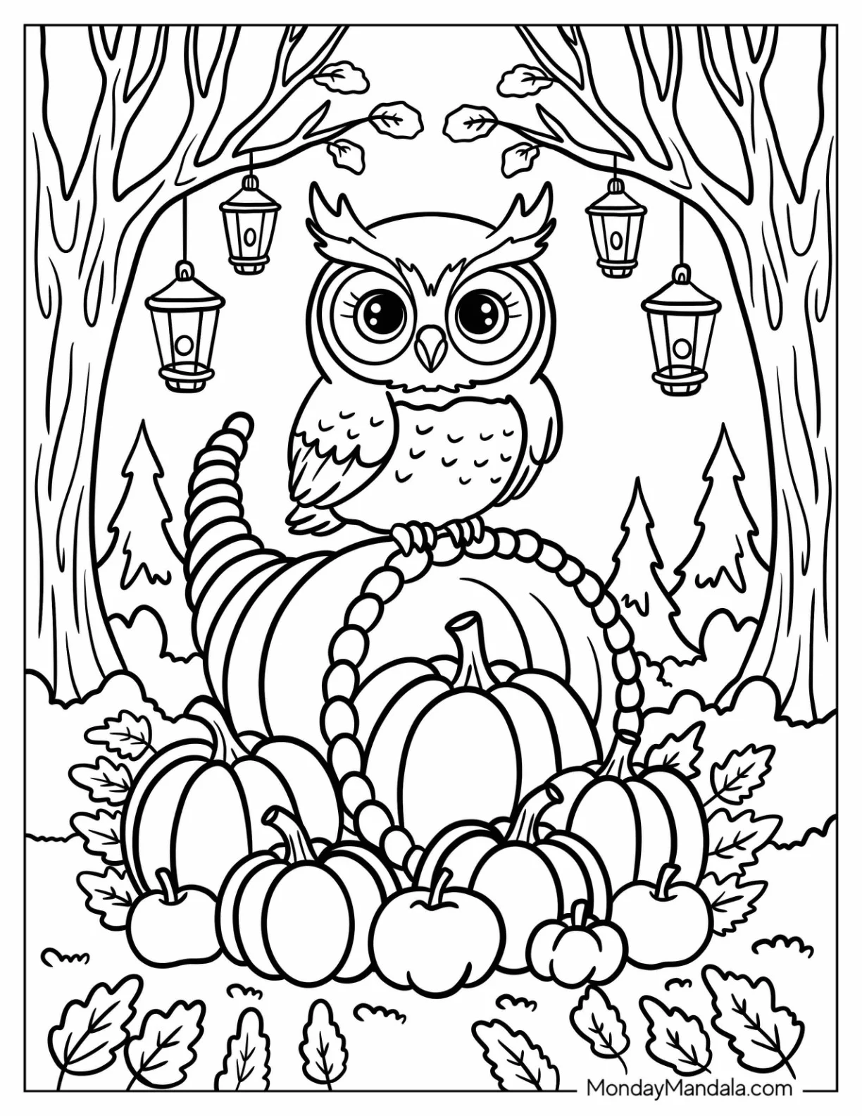 Thanksgiving Coloring Page of Wise Owl on a Pumpkin Cornucopia in a Lantern Lit Forest coloring page — printable line art