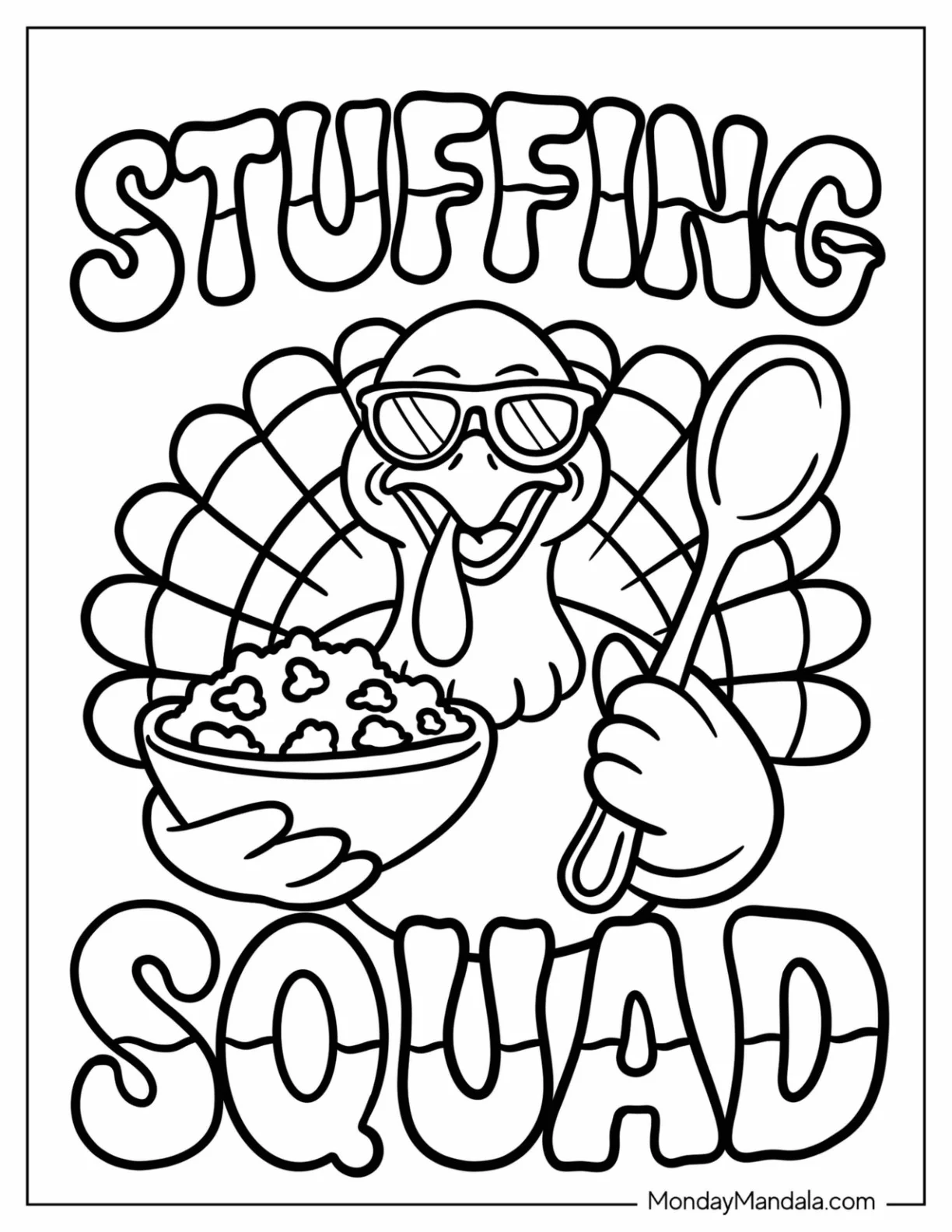 Thanksgiving Coloring Page Turkey Eating Stuffing for Preschoolers coloring page