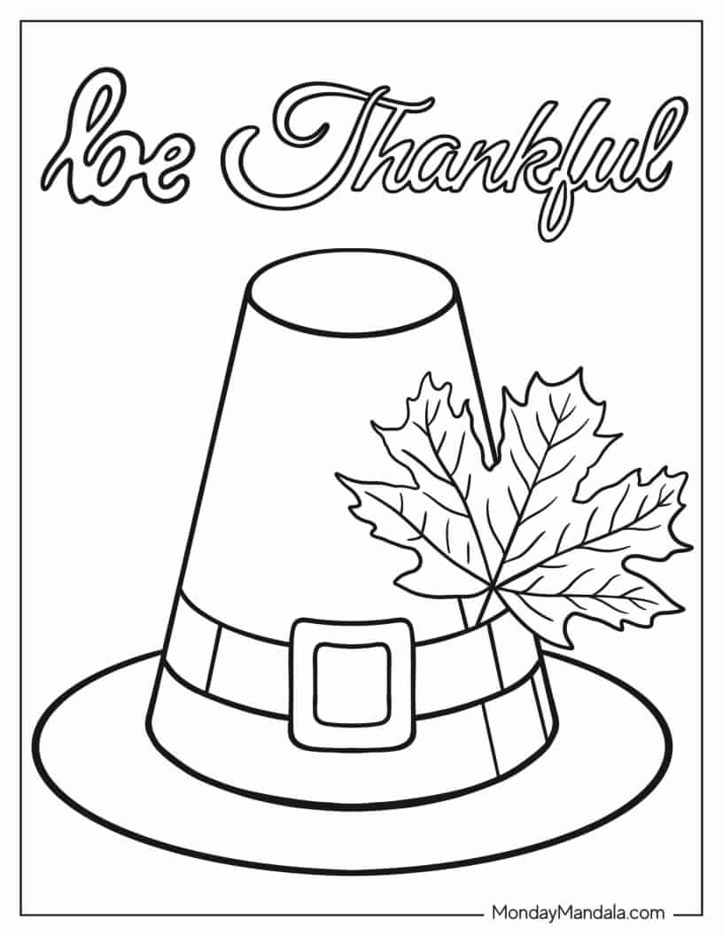 Thanksgiving Hat With Autumn Leaf Coloring In coloring page — printable line art
