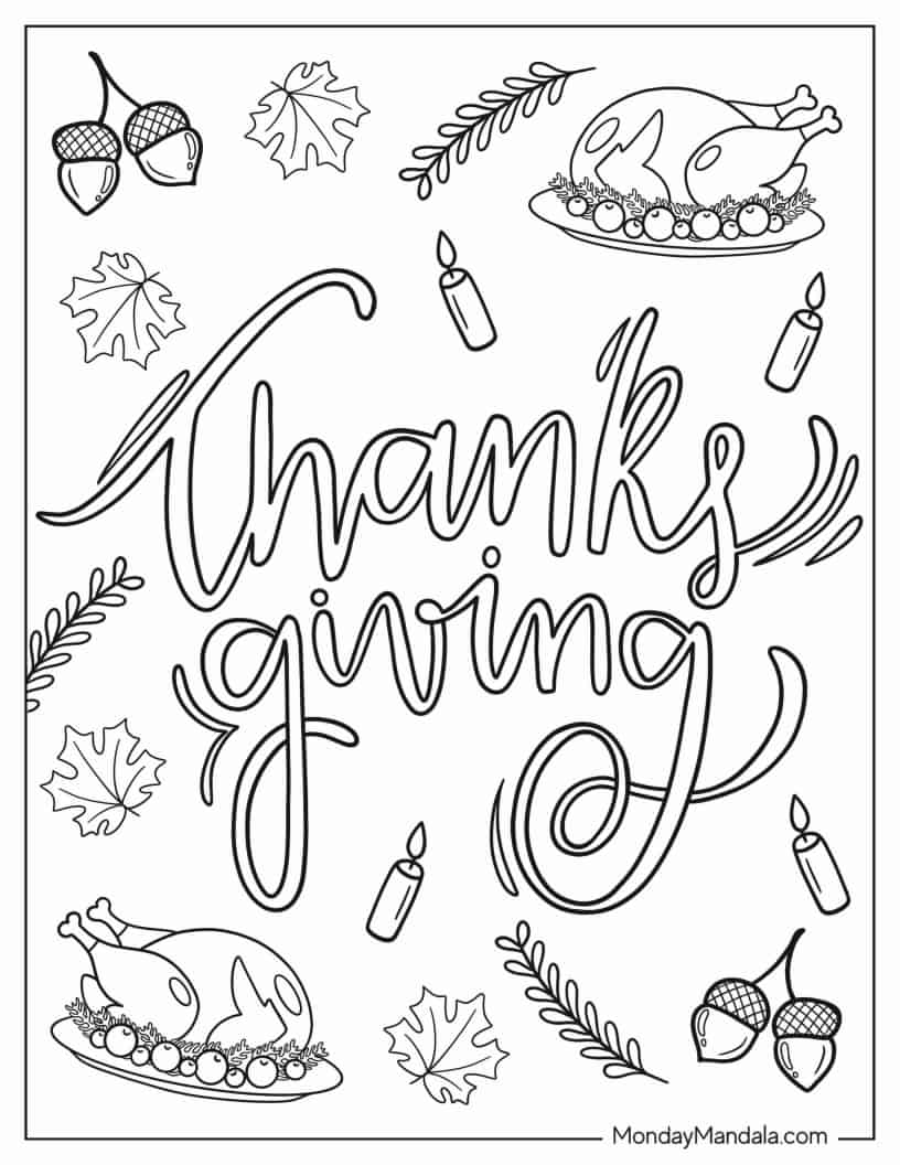 Thanksgiving Lettering With Turkey, Leaves, And Acorns coloring page — printable line art