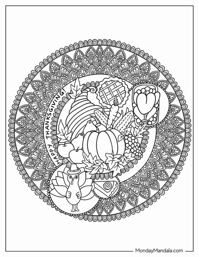 Thanksgiving Mandala With Pumpkins And Turkey Coloring In coloring page — printable line art