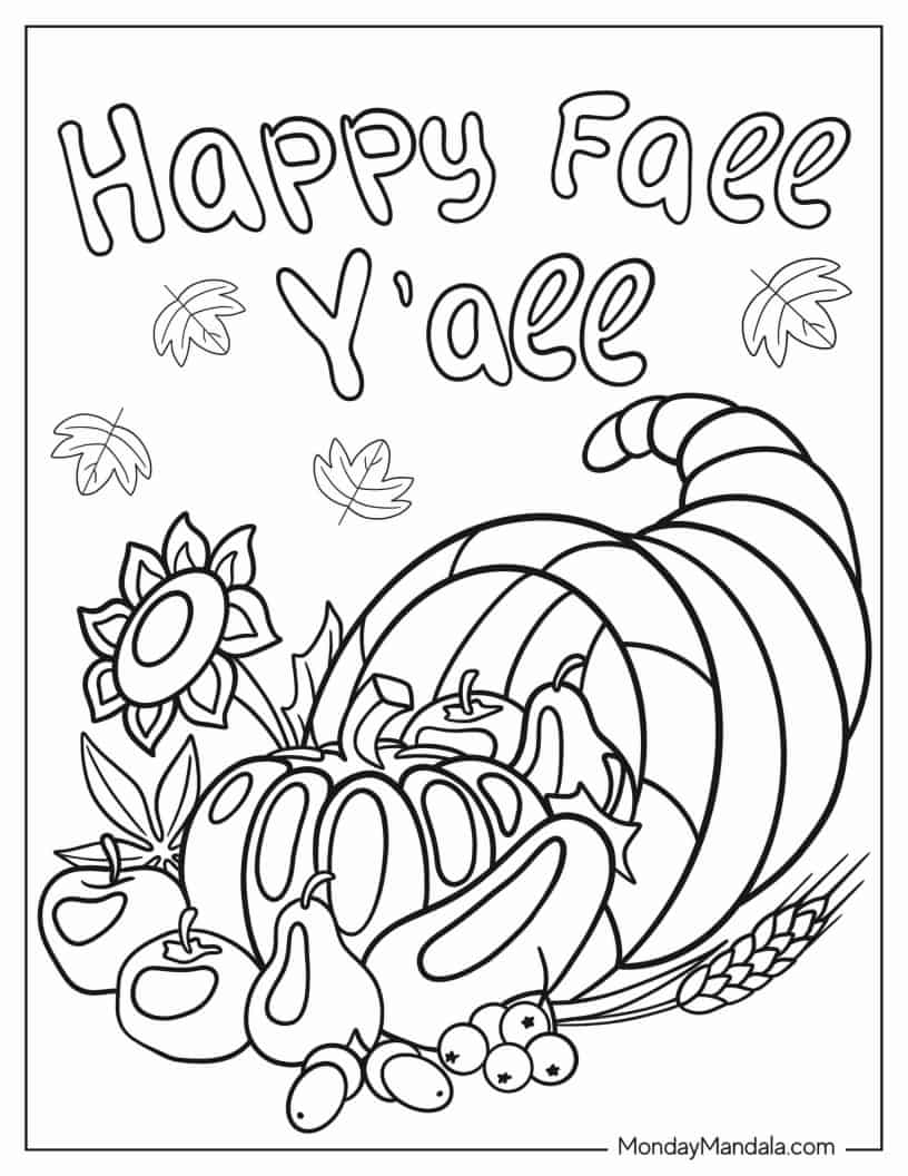 Thanksgiving Pumpkins, Apples, And Sunflower Coloring In coloring page