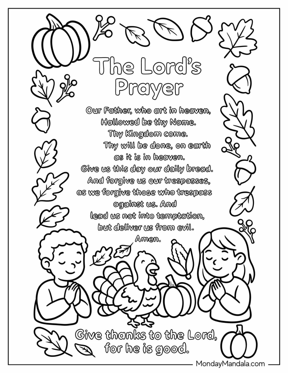 The Lord s Prayer for Thanksgiving Coloring Page with Children and Turkey coloring page — printable line art
