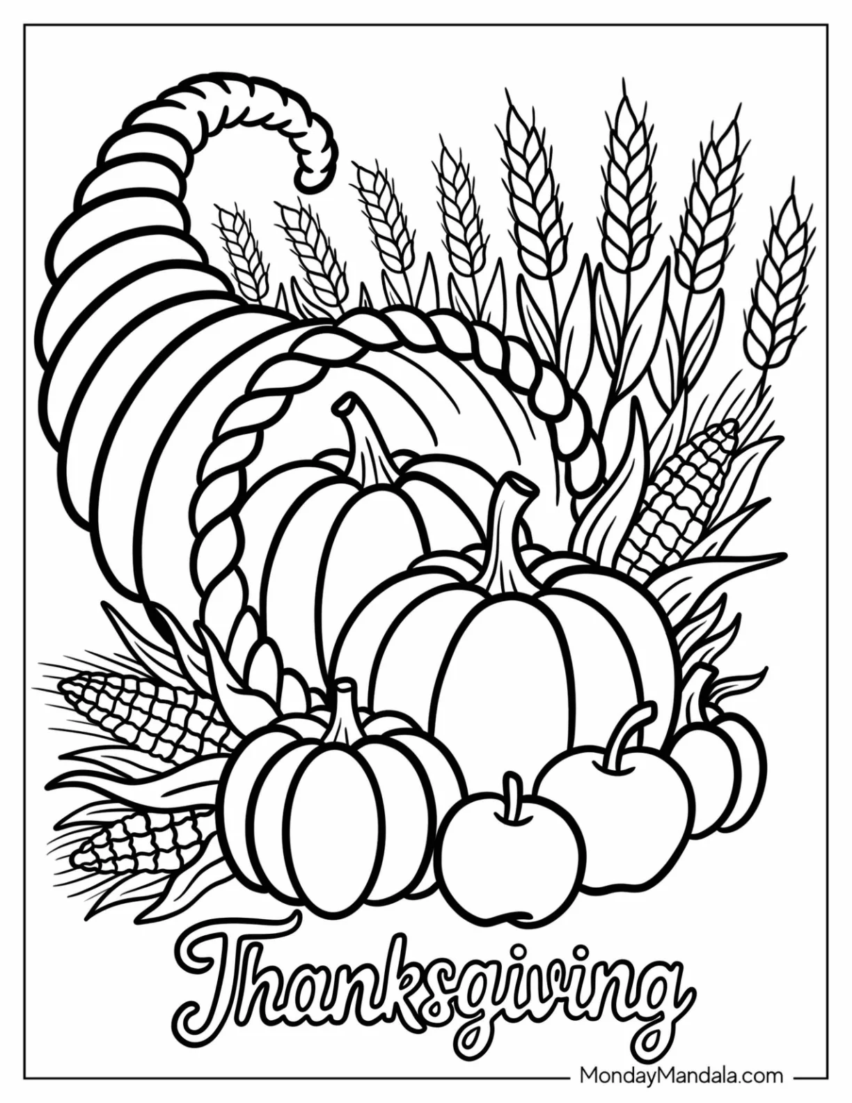 Traditional Thanksgiving Coloring Page of Cornucopia with Pumpkins and Harvest Wheat coloring page — printable line art