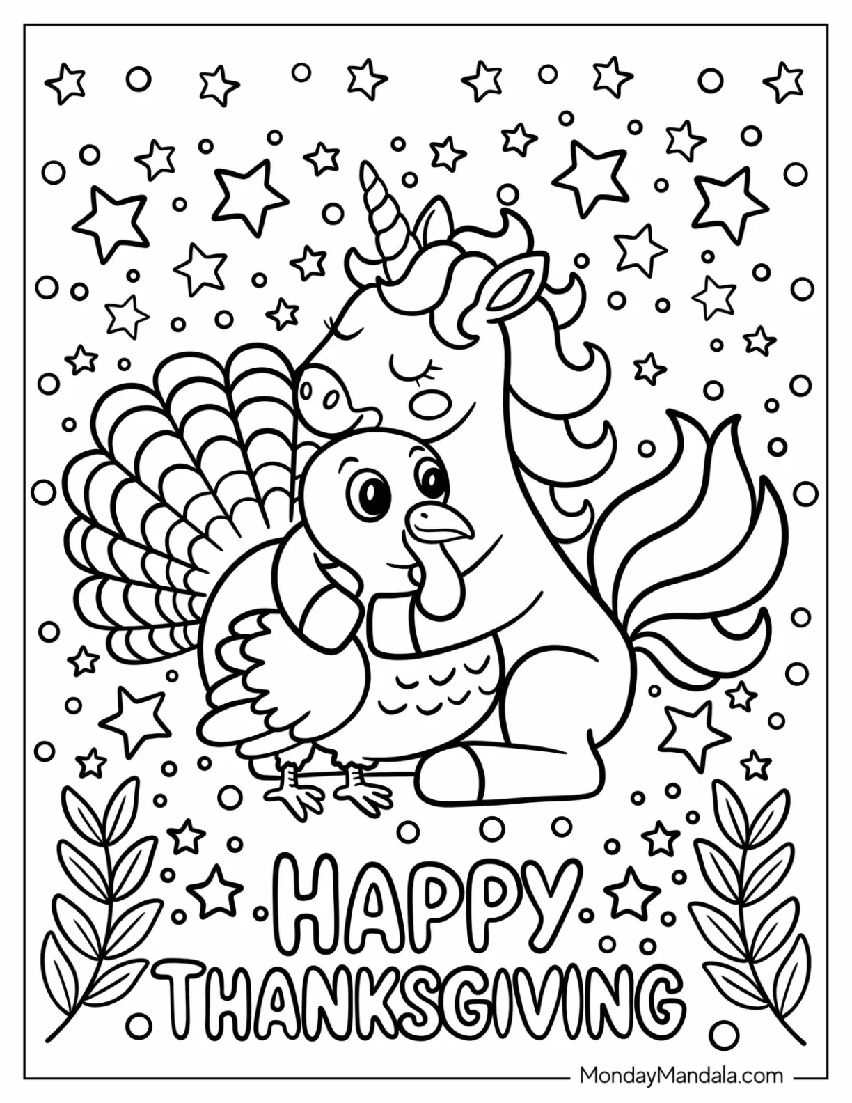 Unicorn Hugging a Turkey on Thanksgiving Coloring Page for Kids coloring page