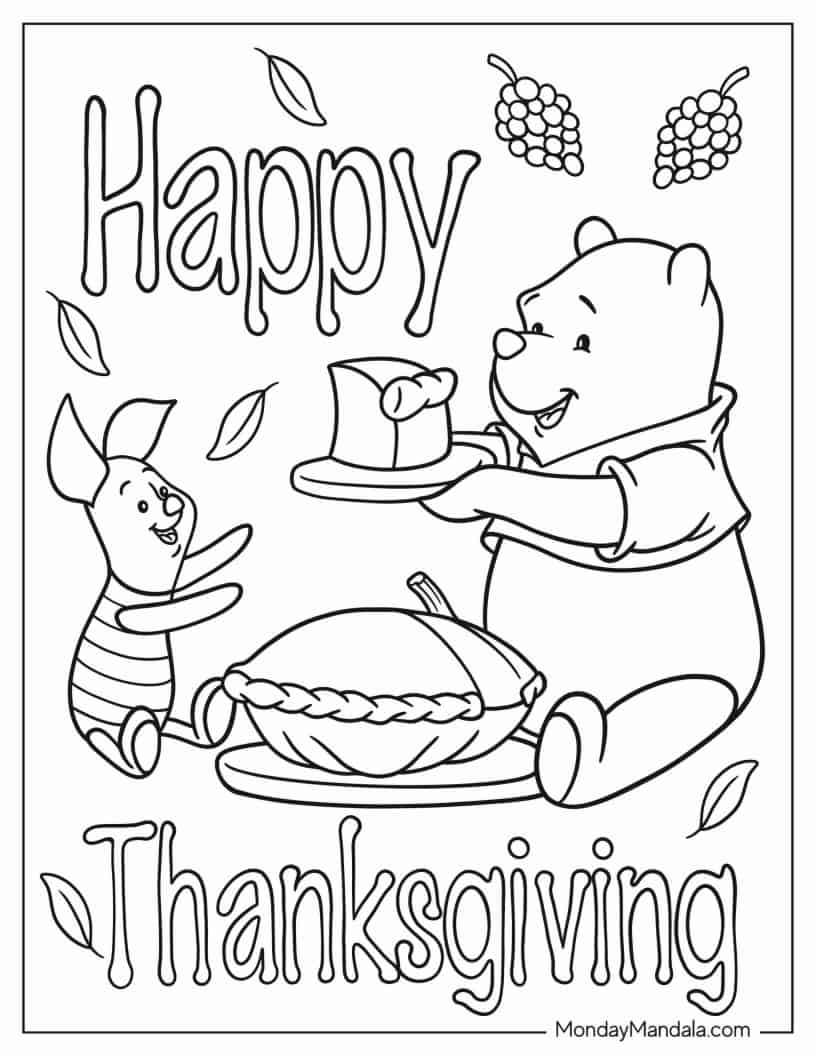 Winnie The Pooh Giving Piglet Slice Of Pumpkin Pie Coloring In coloring page — printable line art