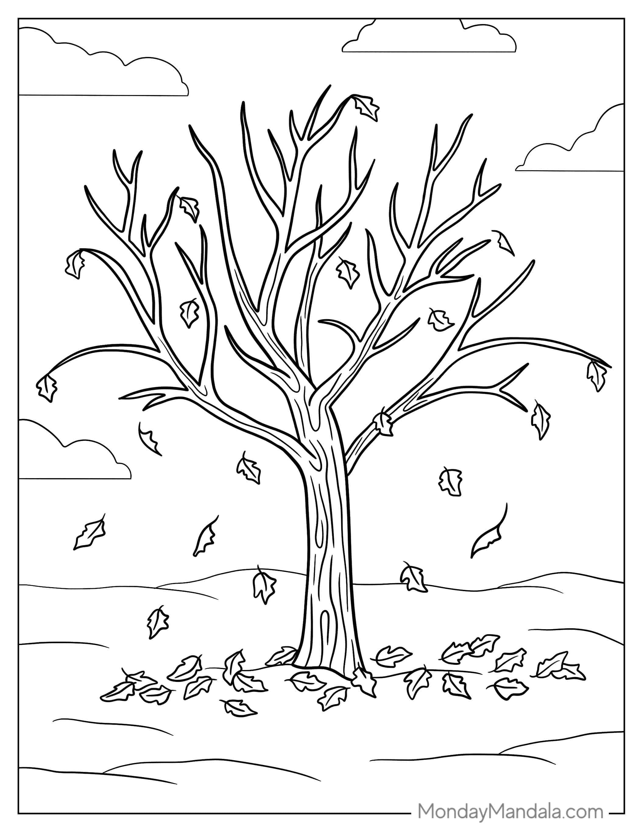 Autumn Tree With Falling Leaves To Color coloring page