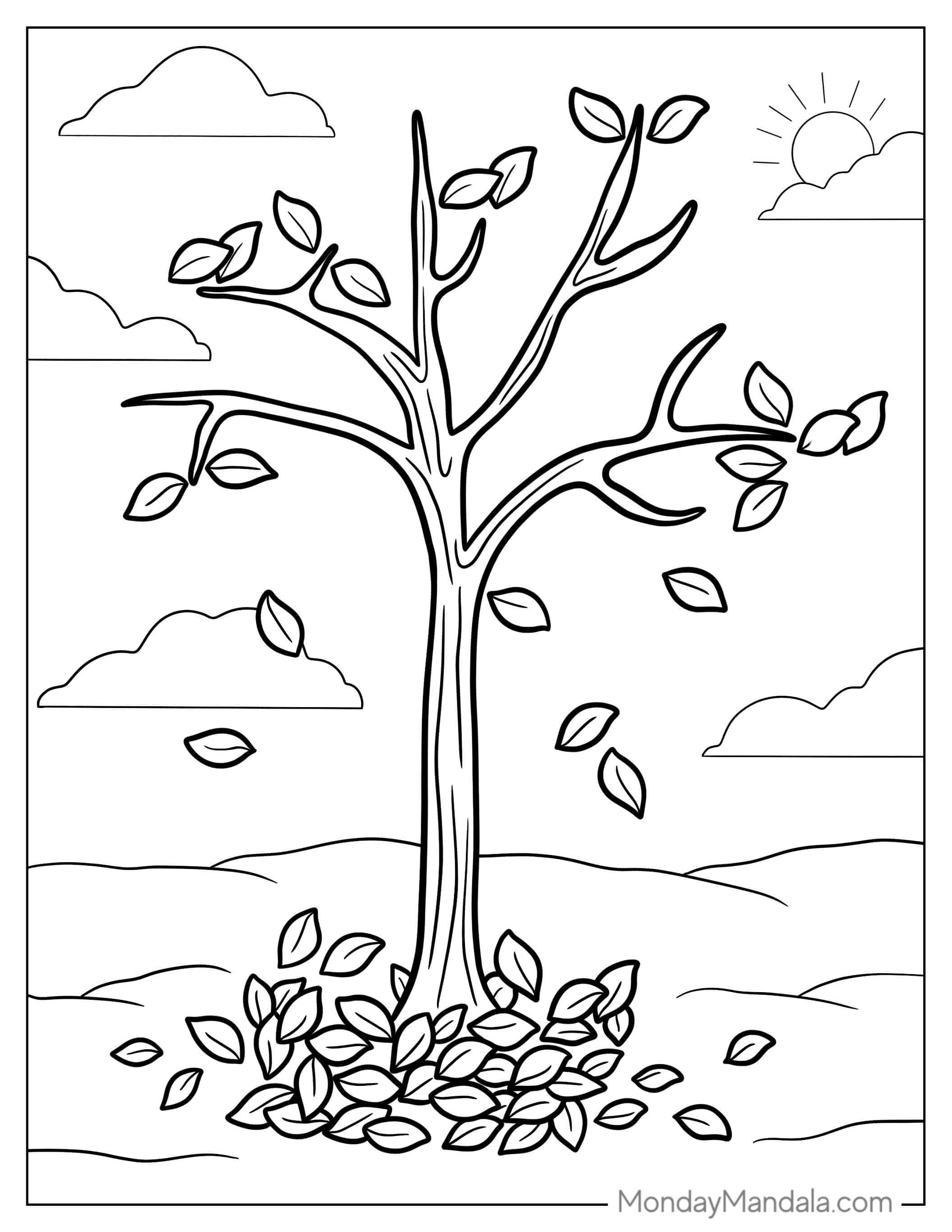 Bare Tree During Autumn With Leaves Falling Off coloring page