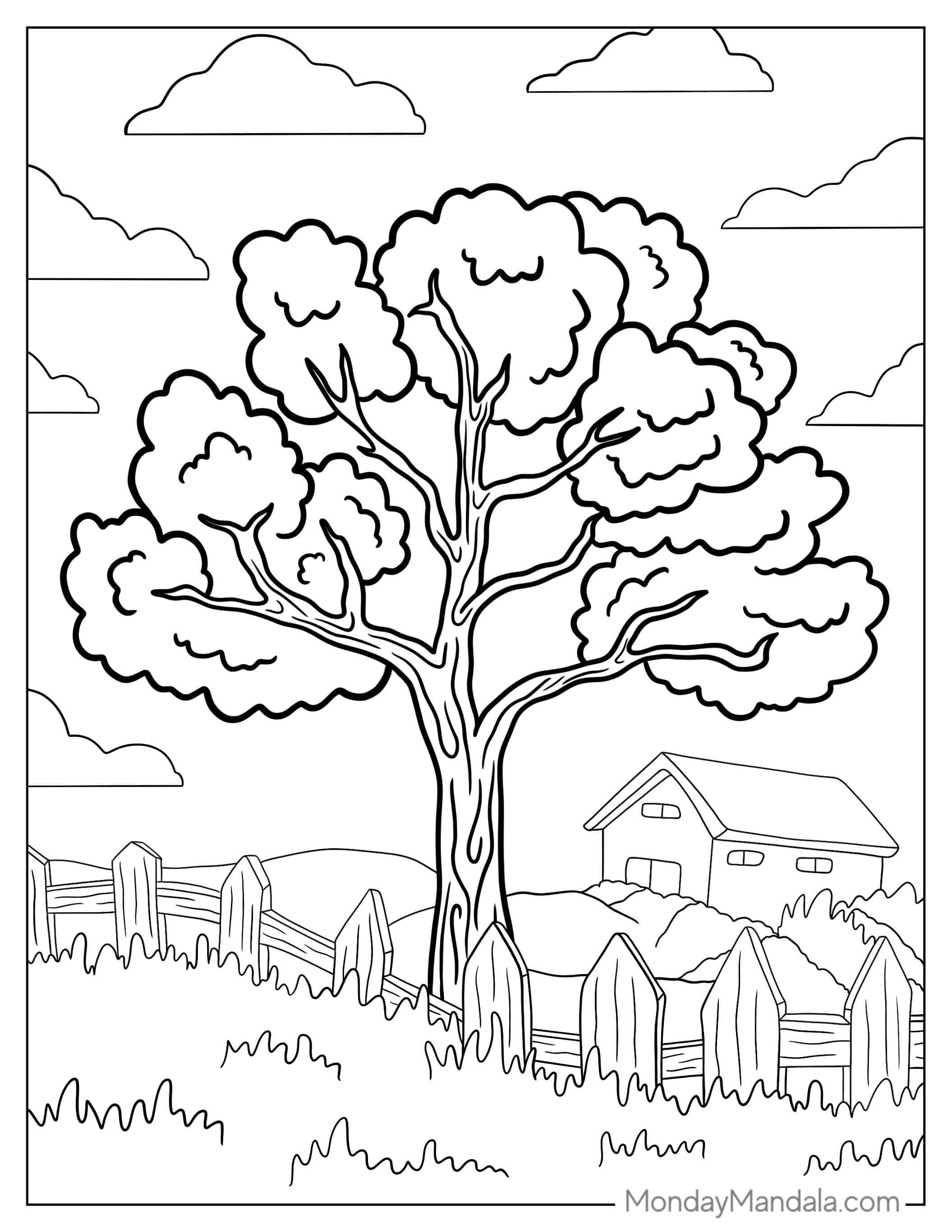 Detailed Tree Next To a Fence To Color coloring page