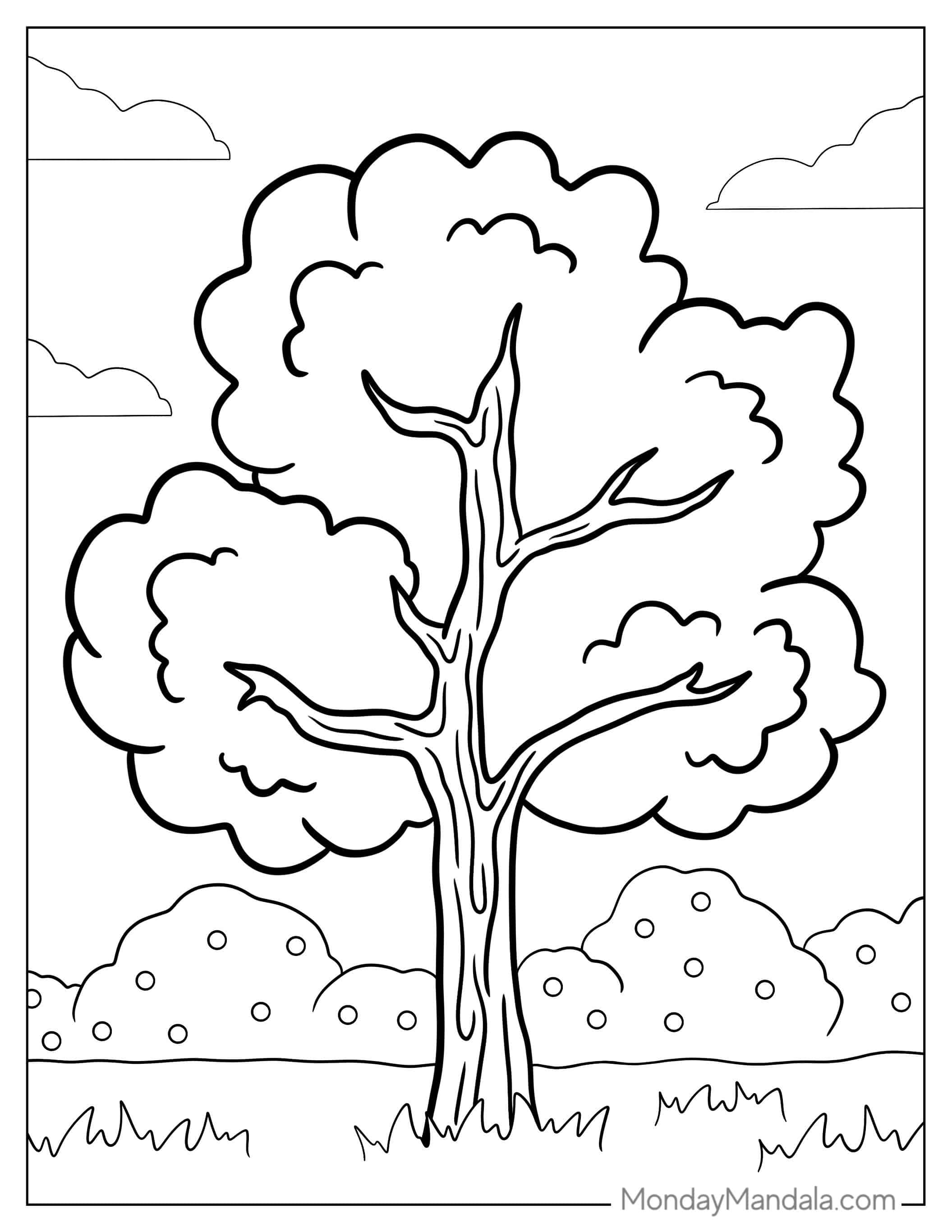 Easy To Color Tree With Busy Leaves coloring page — printable line art