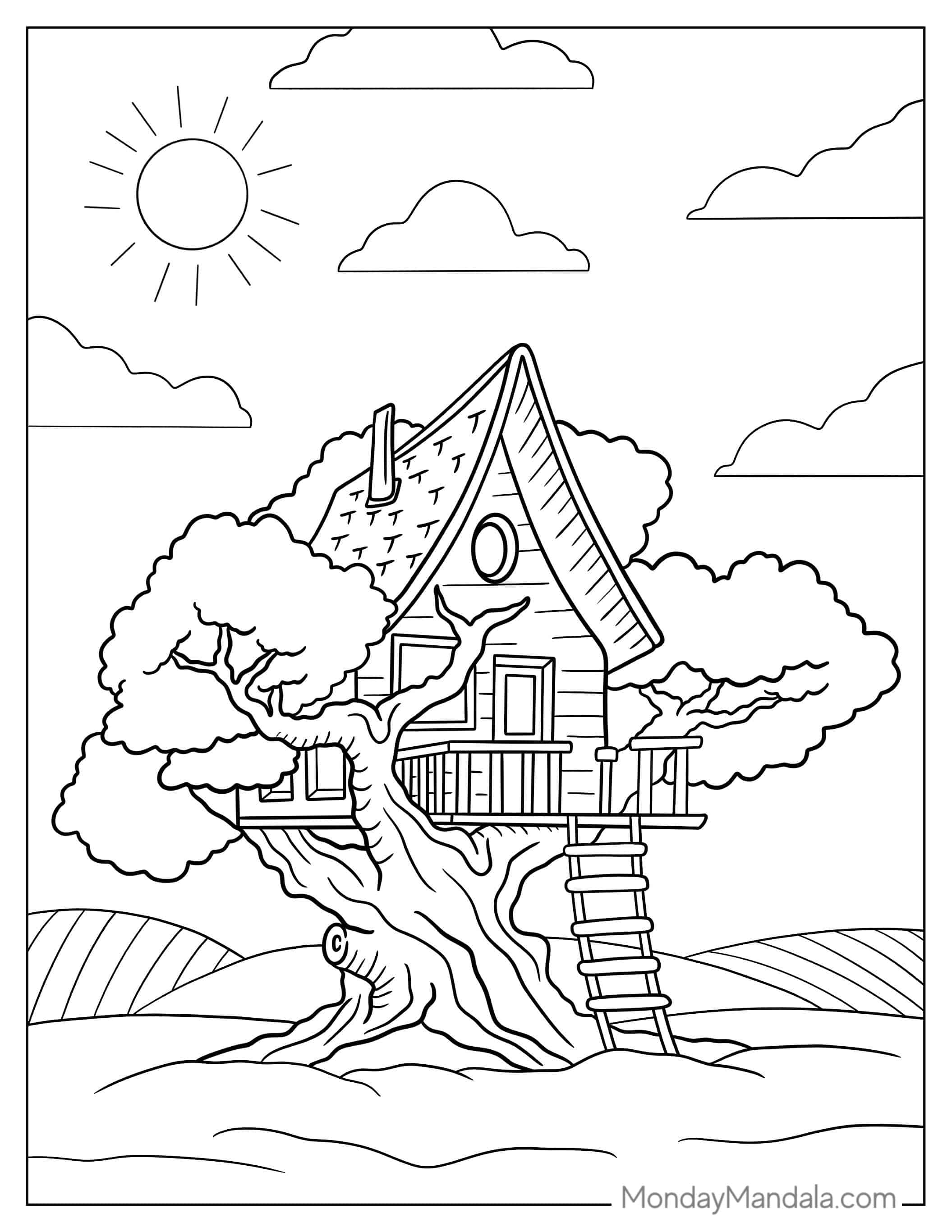 Large Tree House Coloring Page coloring page — printable line art