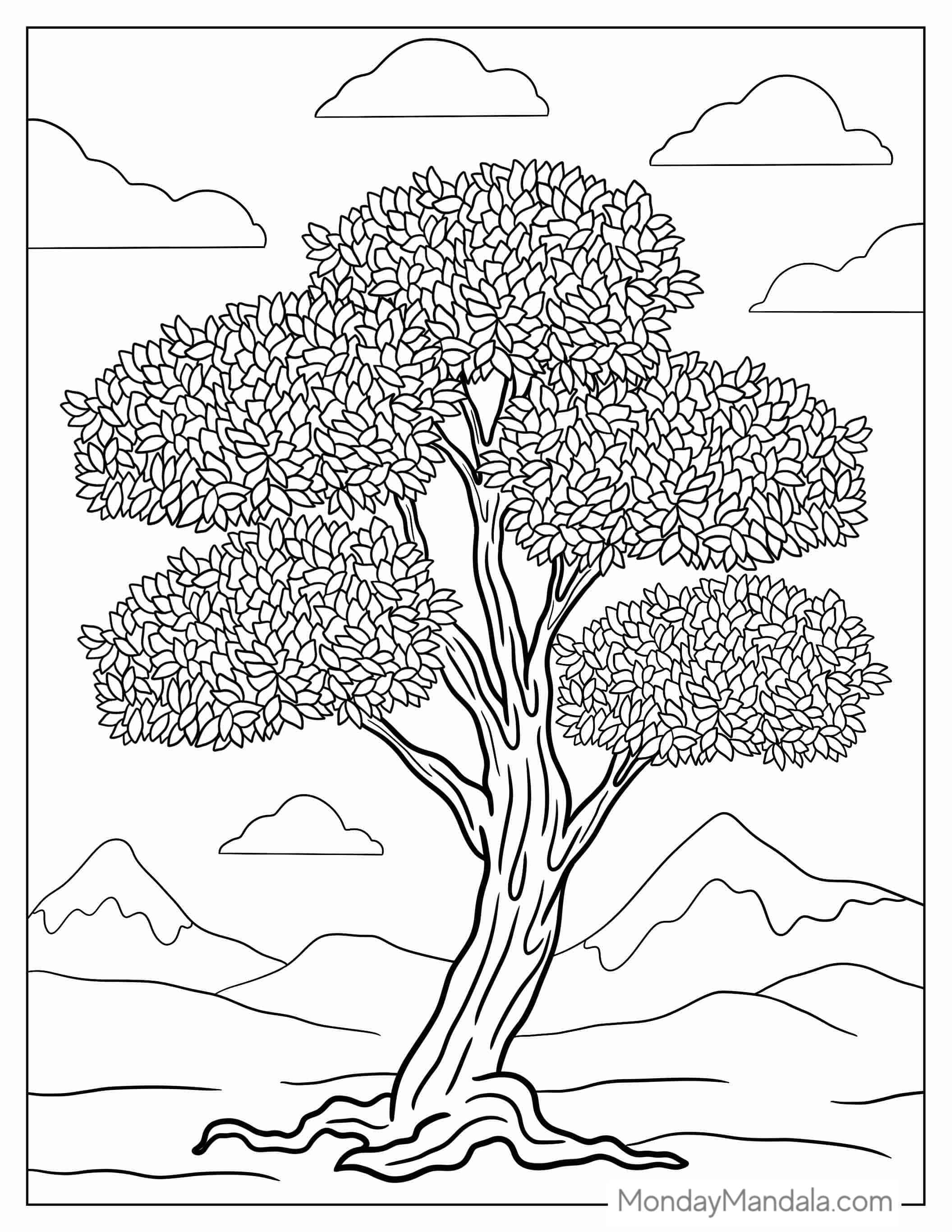 Large Tree With Lush Leaves coloring page — printable line art