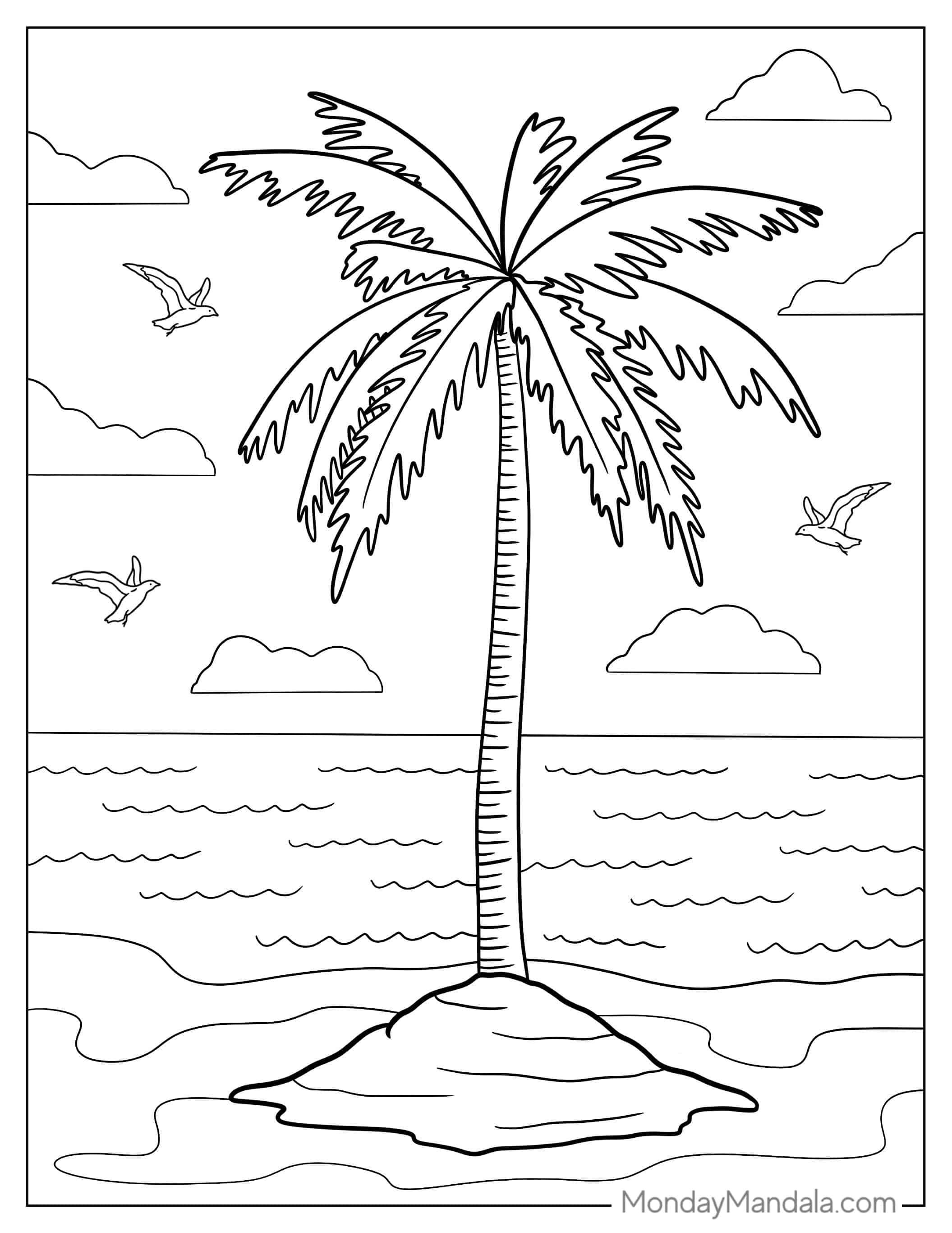 Palm Tree On Island Coloring Page coloring page — printable line art