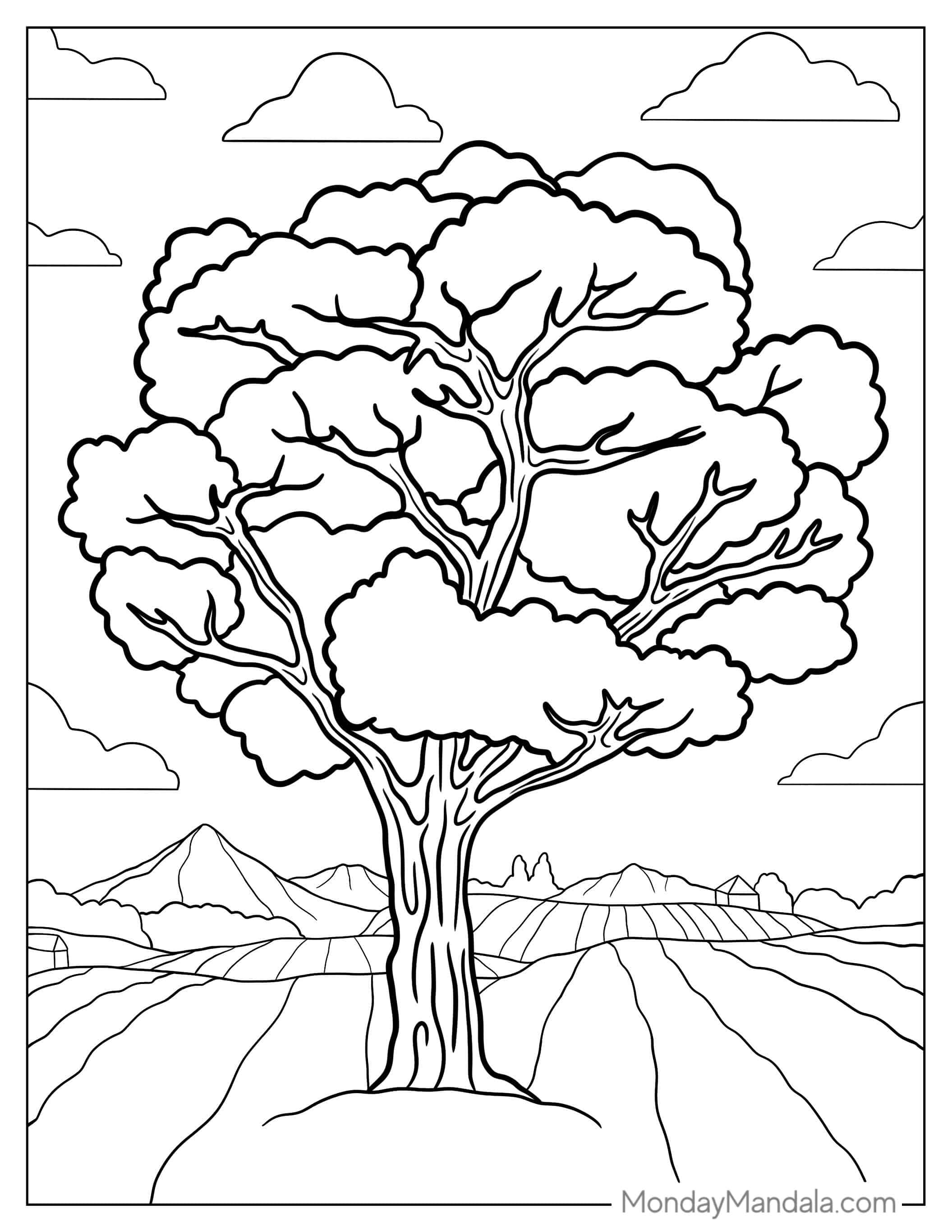 Realistic Looking Tree In Field To Color coloring page — printable line art