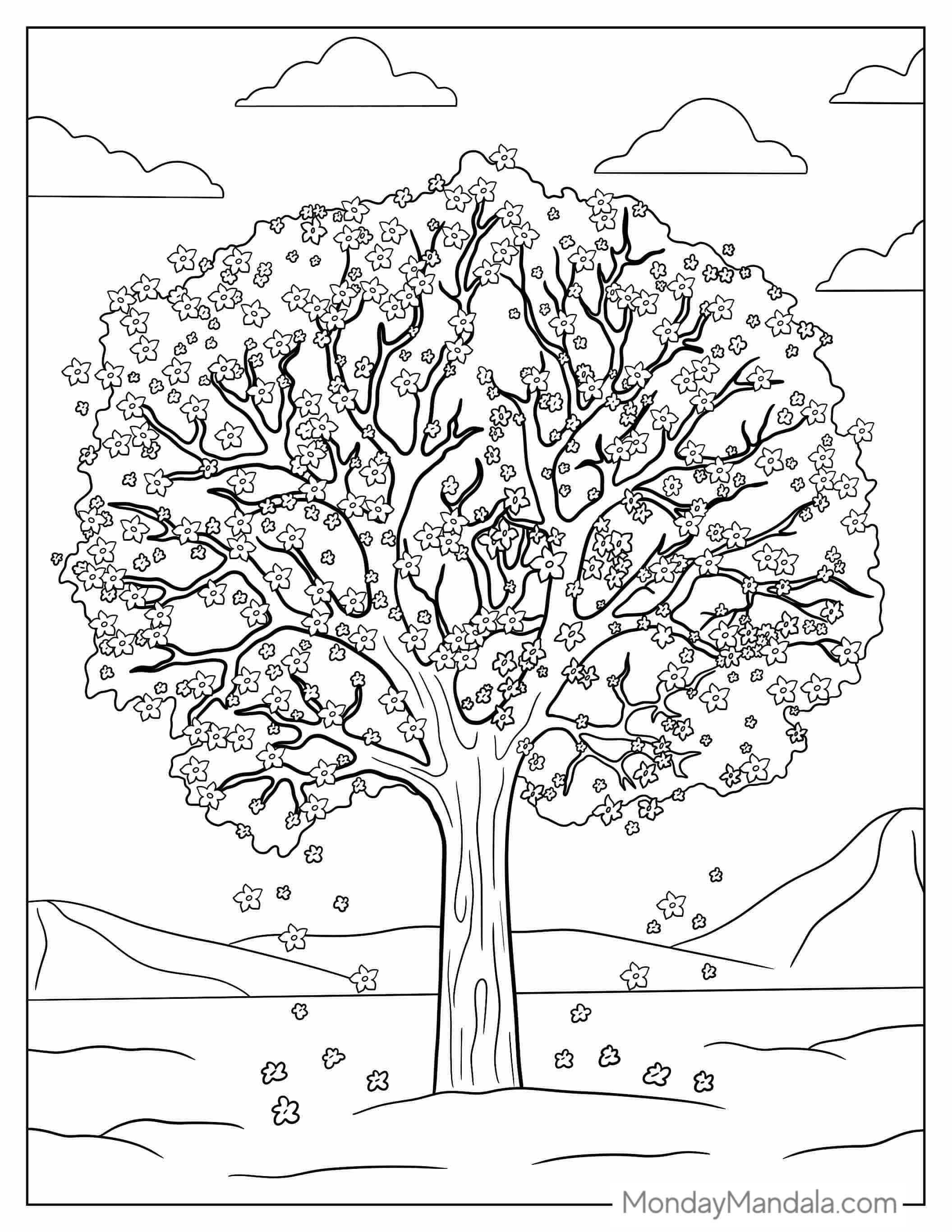 Spring Tree With Blossoming Flowers To Color coloring page — printable line art