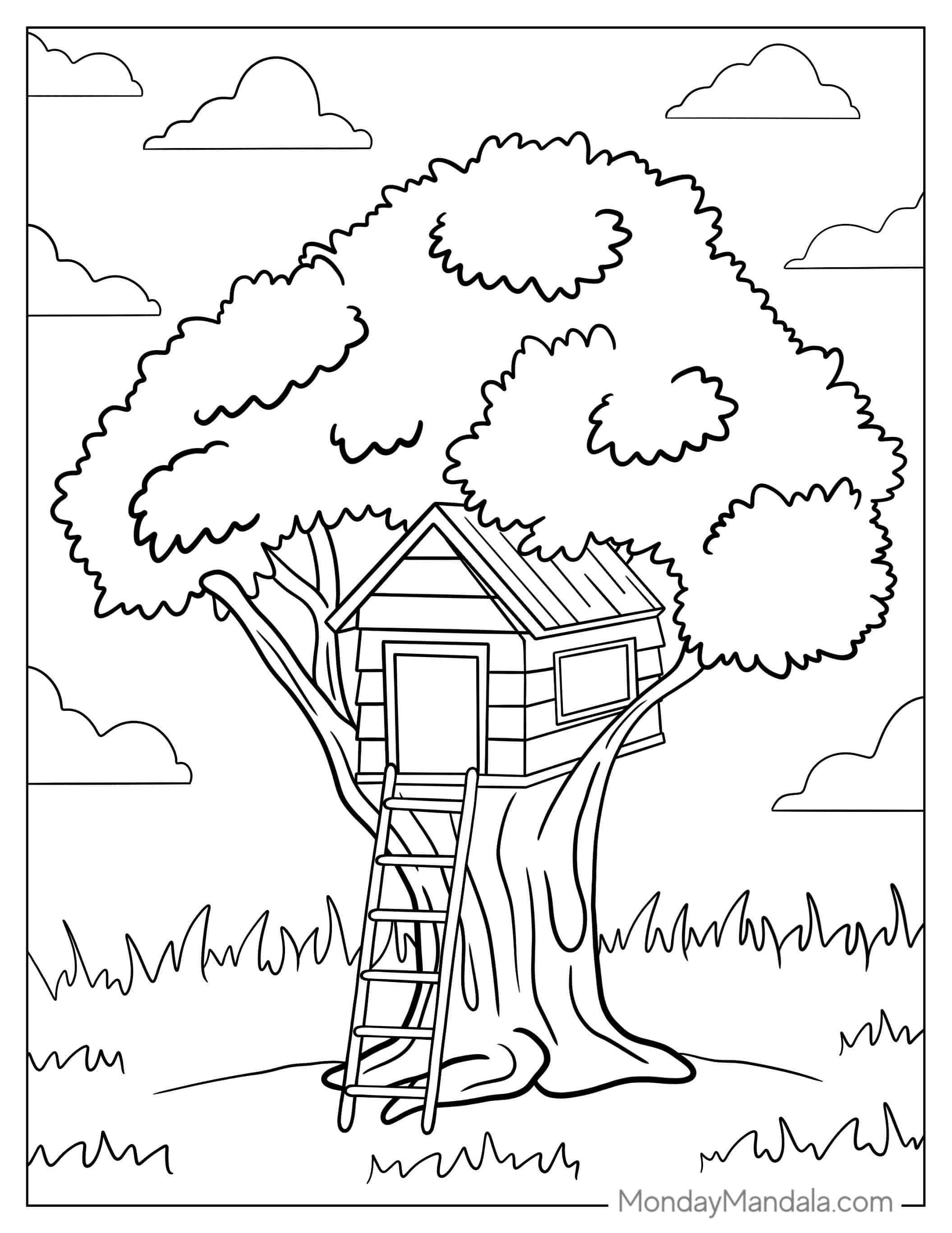 Tree House Coloring Page For Kids coloring page — printable line art