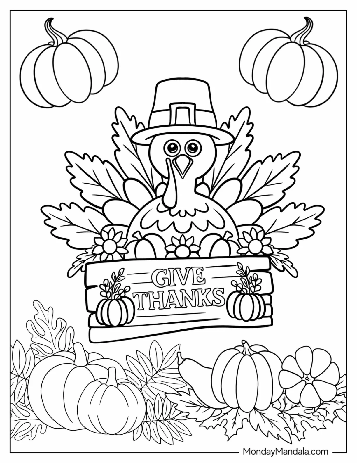 Adorable Turkey Coloring Page With Wooden Sign, Flowers, And Pumpkins For Kids coloring page