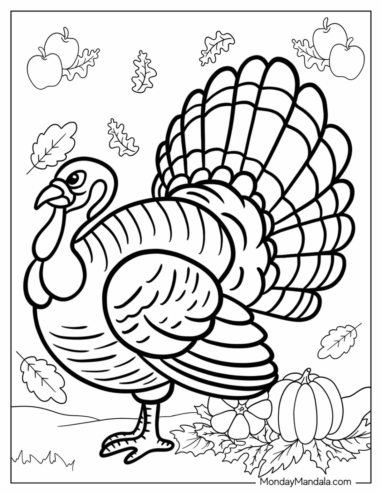 Angry Turkey Coloring Page In The Fall With Pumpkins And Falling Leaves coloring page — printable line art