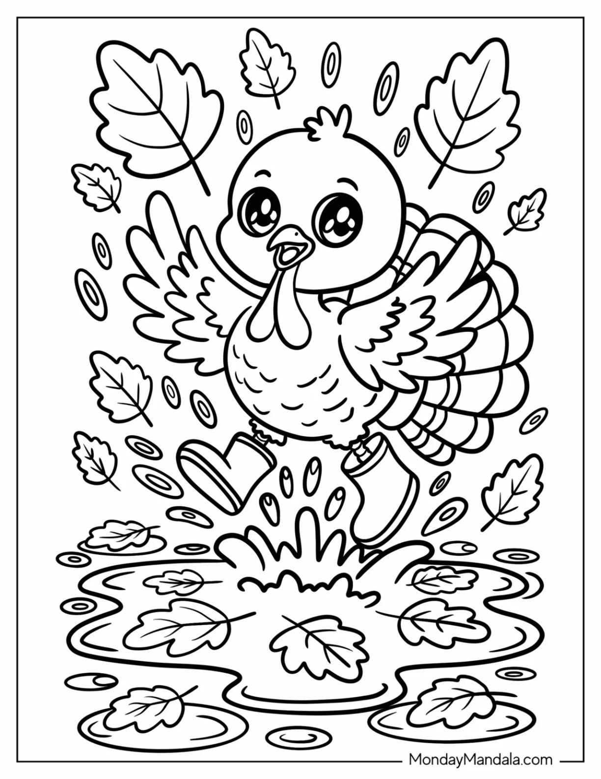 Baby Turkey Coloring Page Playing with a Puddle in the Fall for Kids coloring page