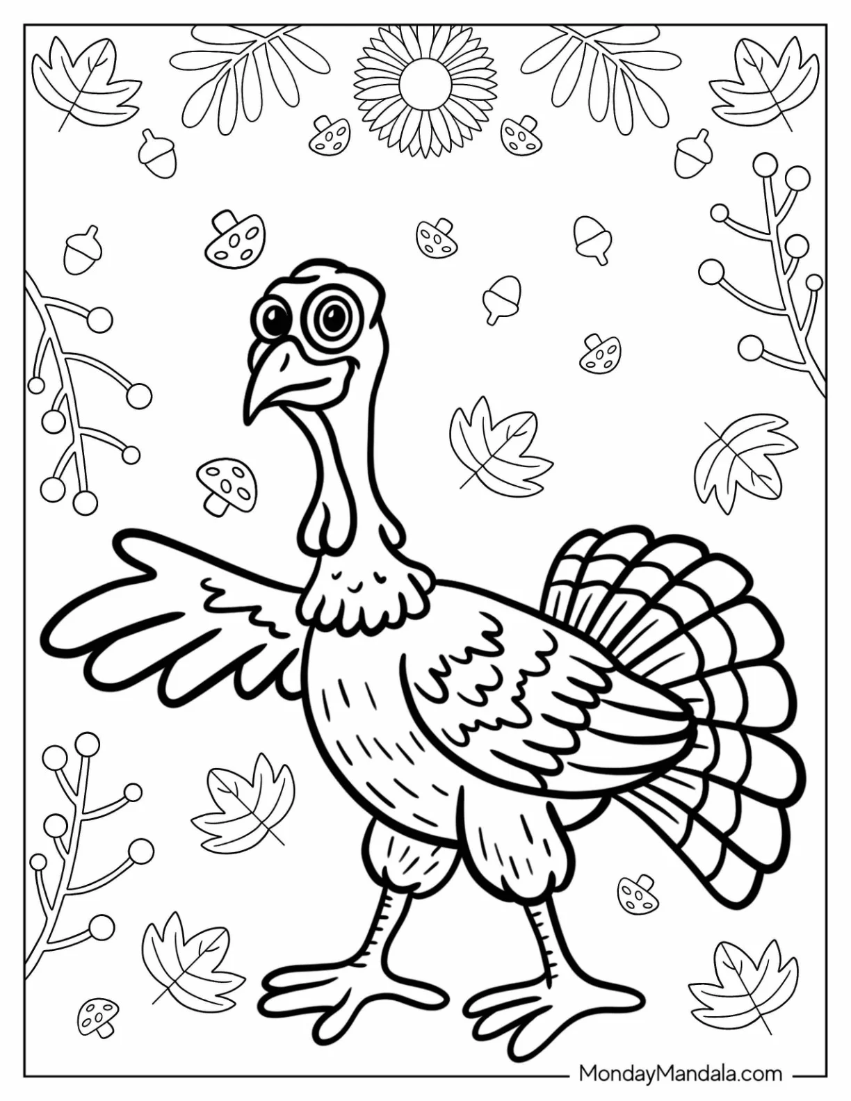 Cartoon Turkey Waving Coloring Page coloring page — printable line art