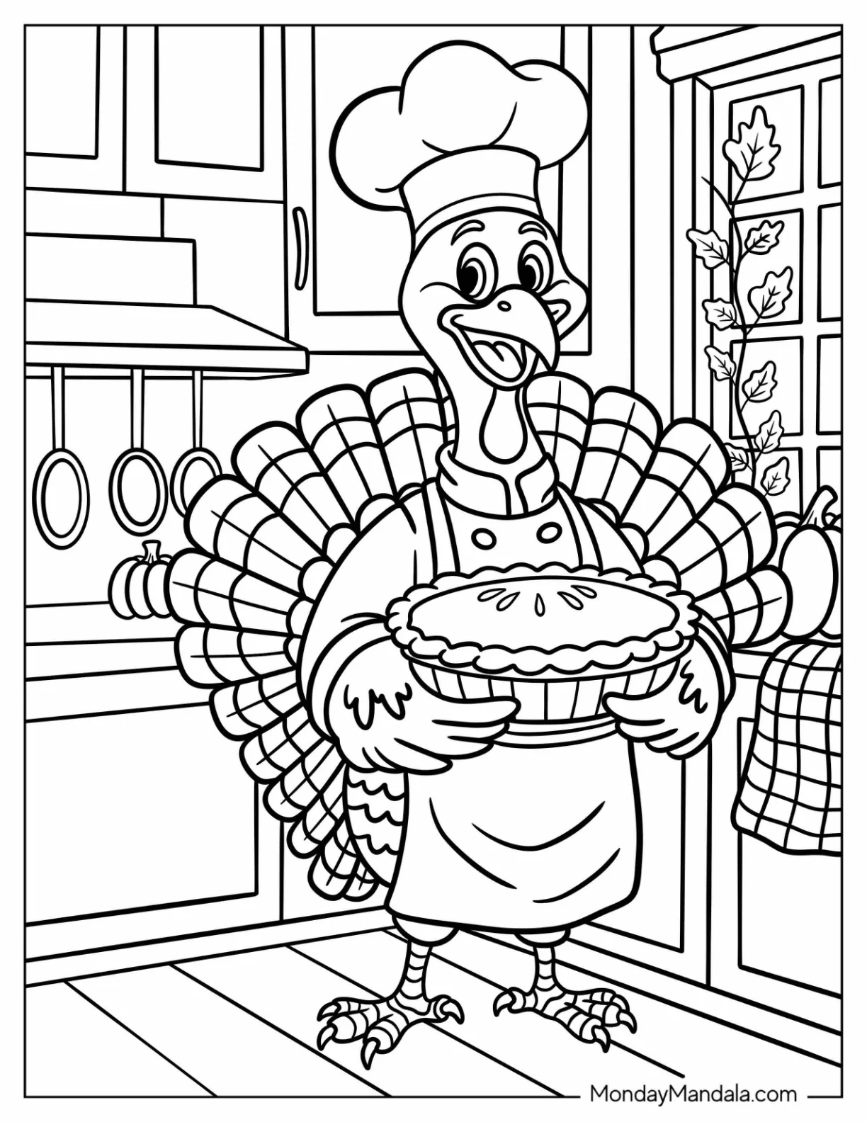 Chef Turkey Coloring Page Baking a Pie on Thanksgiving in a Kitchen coloring page