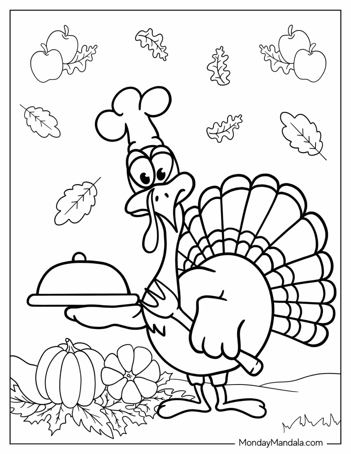 Chef Turkey Holding Fork And Plate With Dome coloring page