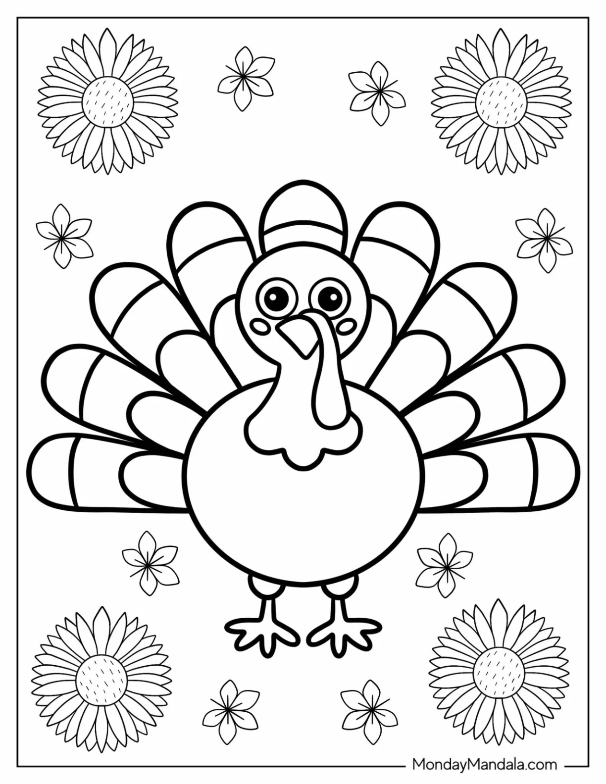 Easy Adorable Turkey Coloring Page with Flowers for Preschoolers coloring page — printable line art