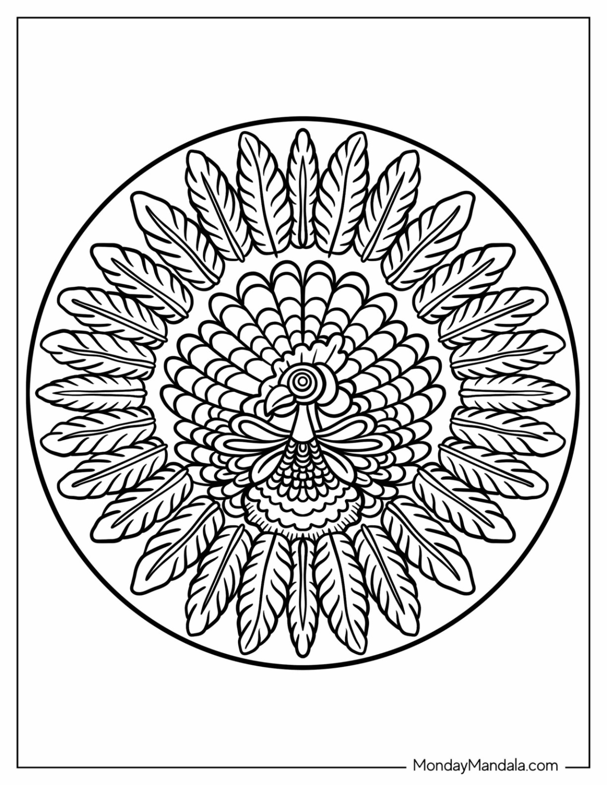 Feathery Turkey Mandala Coloring Page coloring page — printable line art