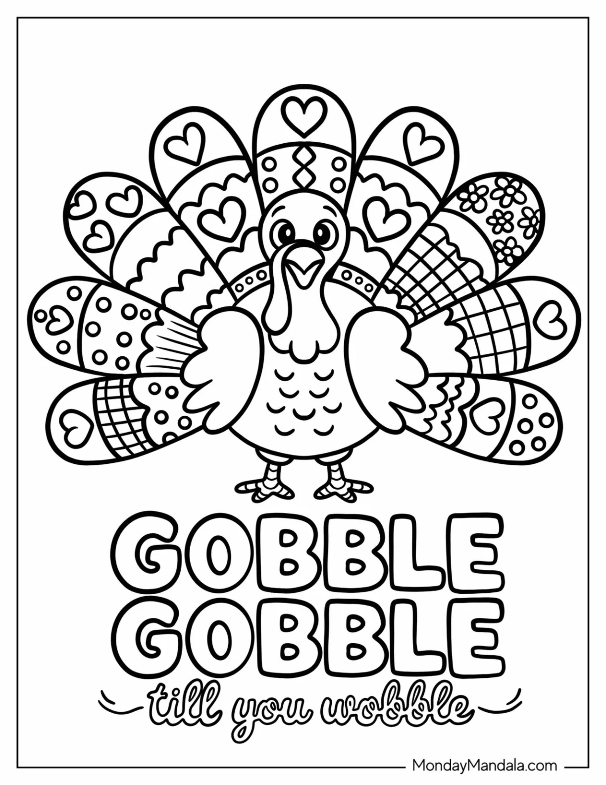 Gobble Gobble Till You Wobble Turkey Coloring Page with Patterned Tail coloring page — printable line art